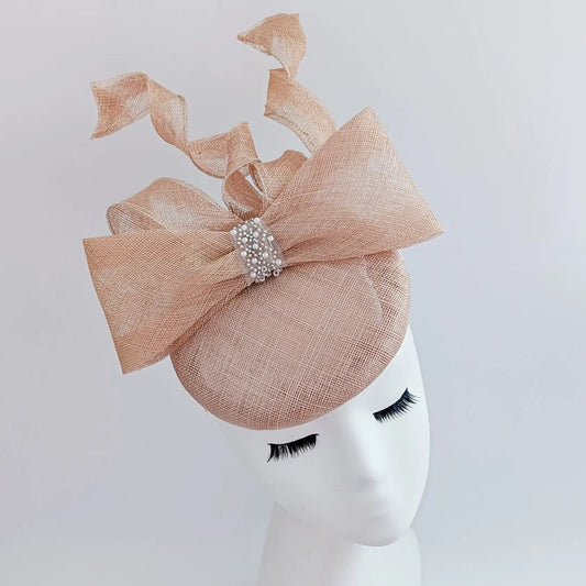 Light peach pink crystal bow fascinator hat - House of Hats