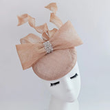 Light peach pink crystal bow fascinator hat - House of Hats