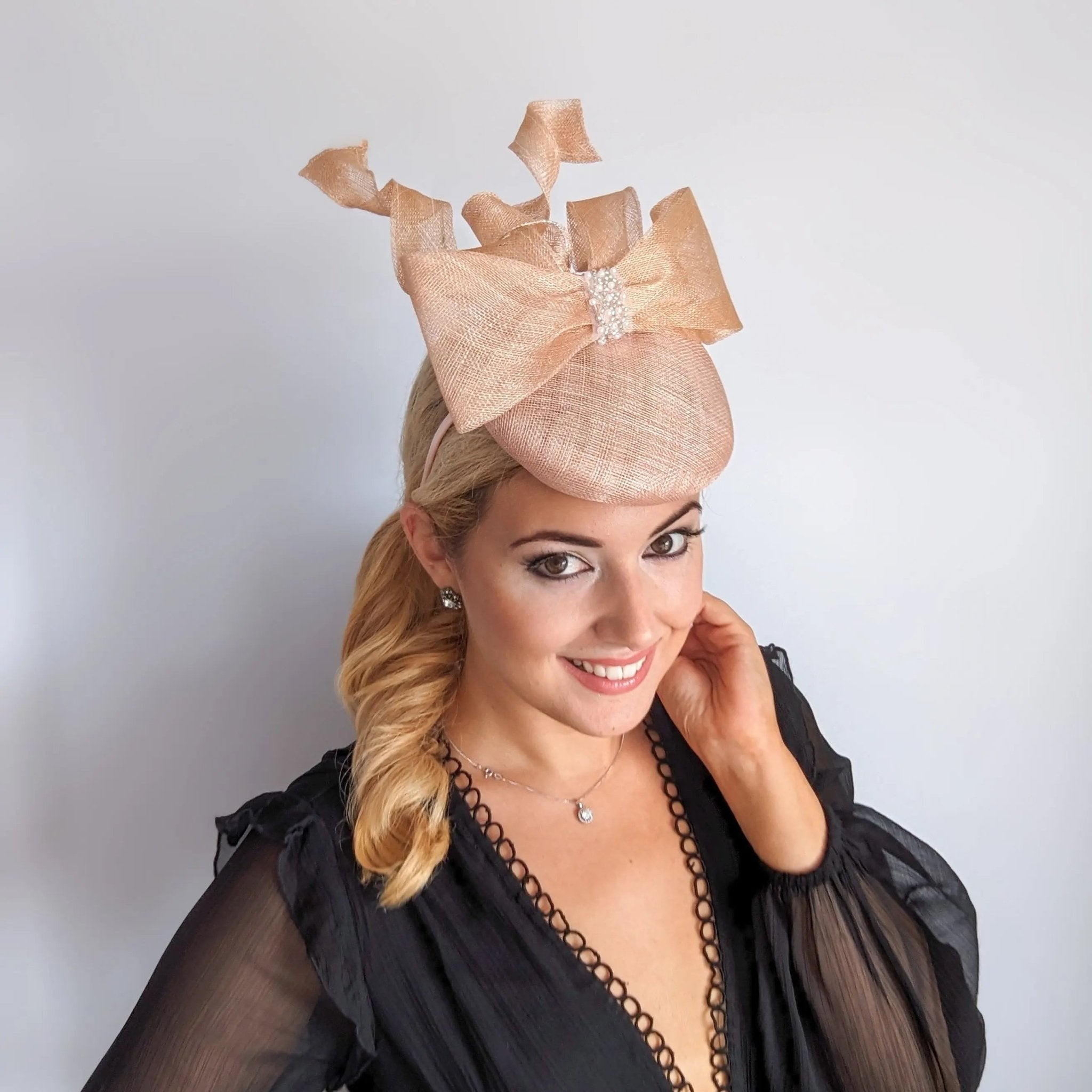 Light peach pink crystal bow fascinator hat - House of Hats