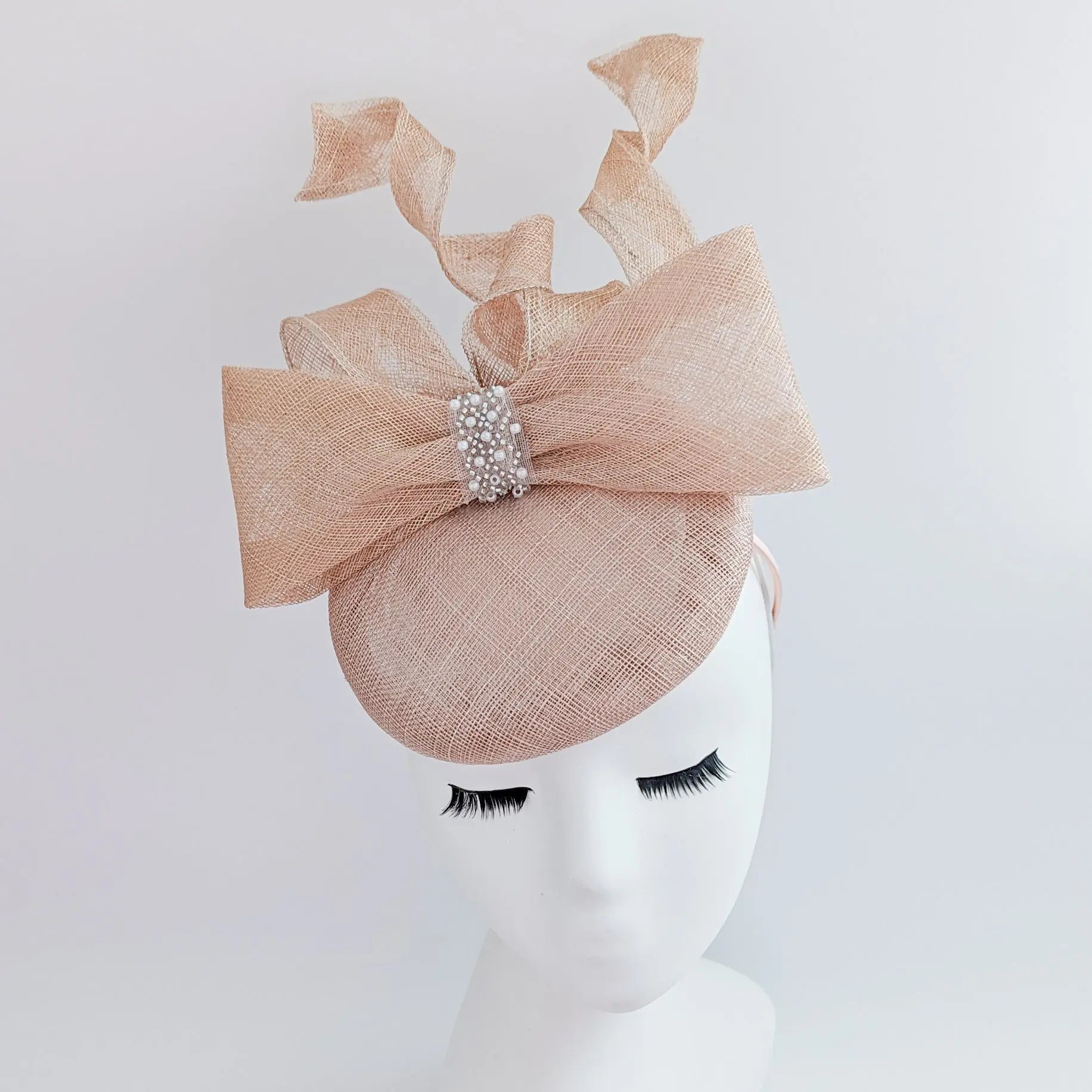 Light peach pink crystal bow fascinator hat - House of Hats