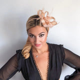 Light peach pink crystal feather fascinator hat - House of Hats