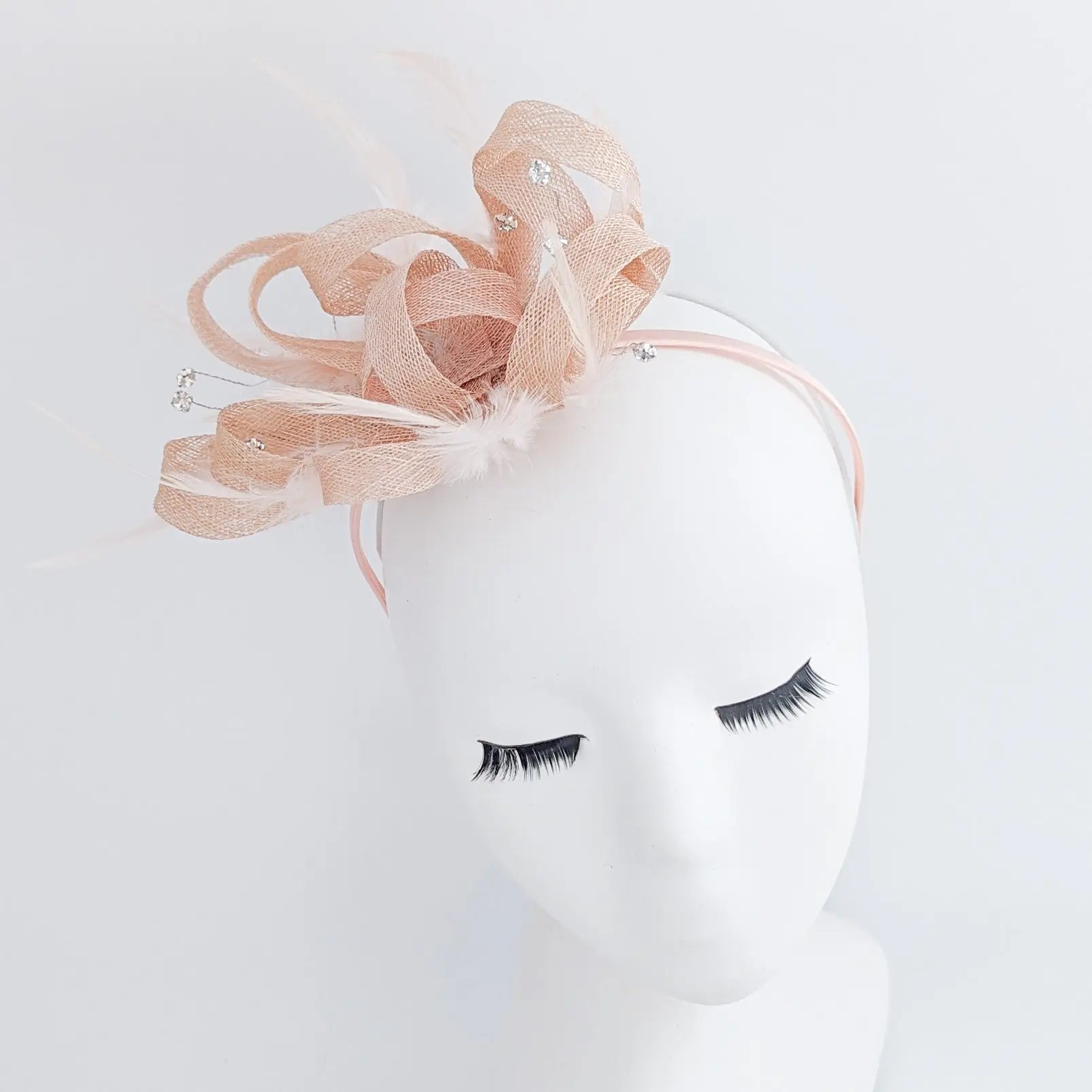Light peach pink crystal feather fascinator hat - House of Hats