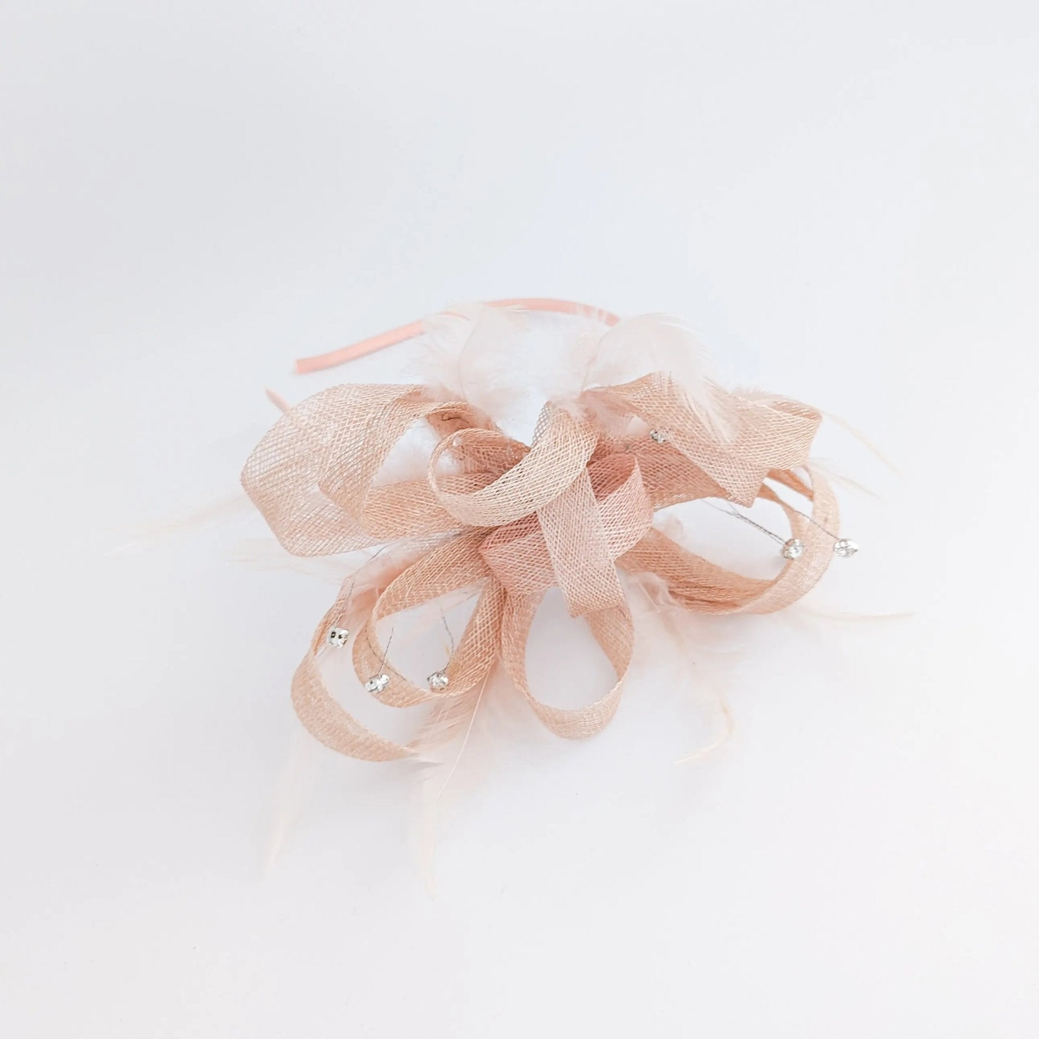 Light peach pink crystal feather fascinator hat - House of Hats