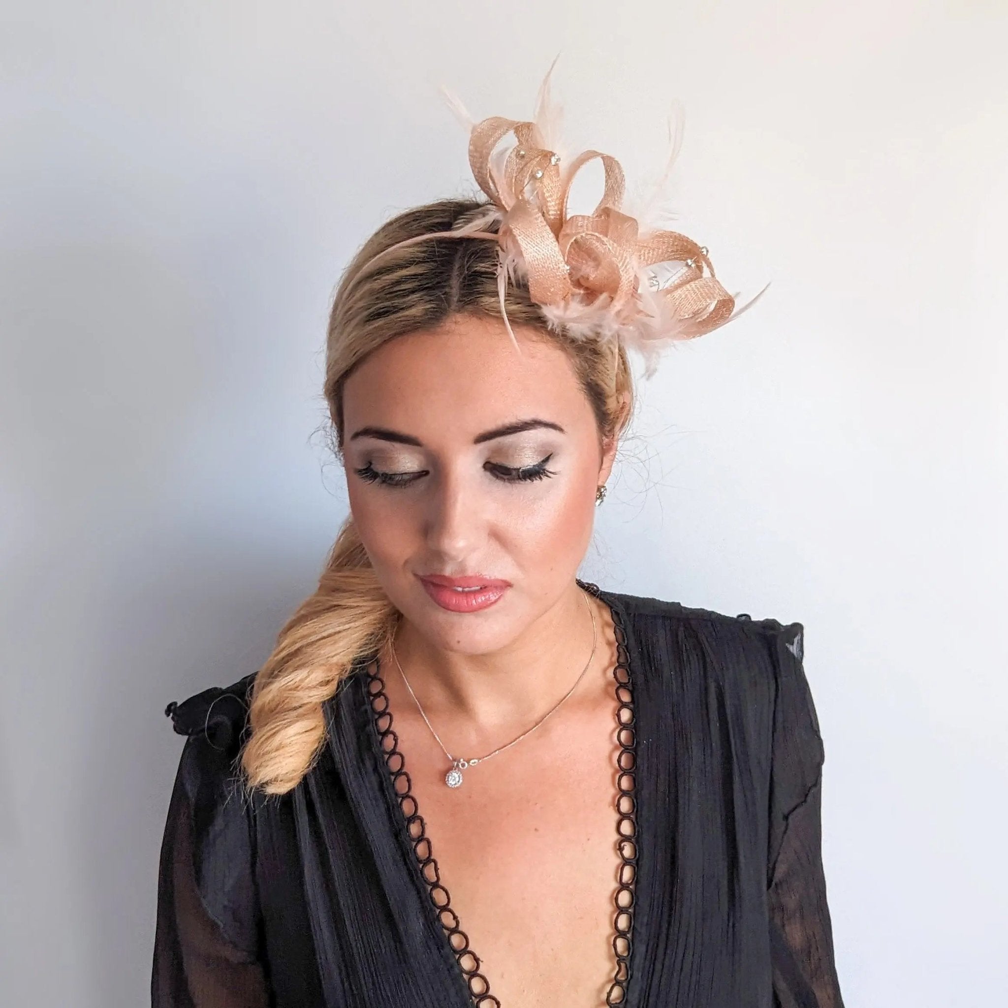 Light peach pink crystal feather fascinator hat - House of Hats