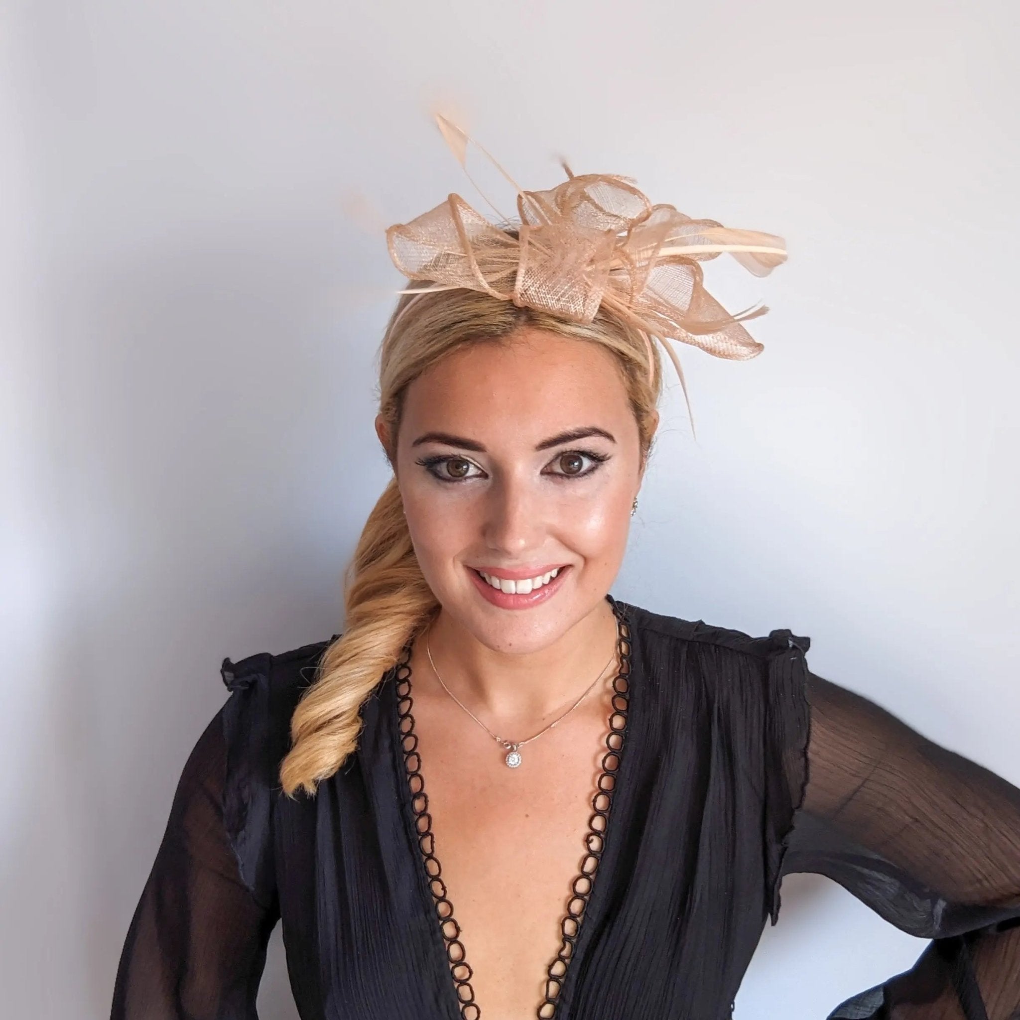 Light peach pink feather fascinator hat - House of Hats