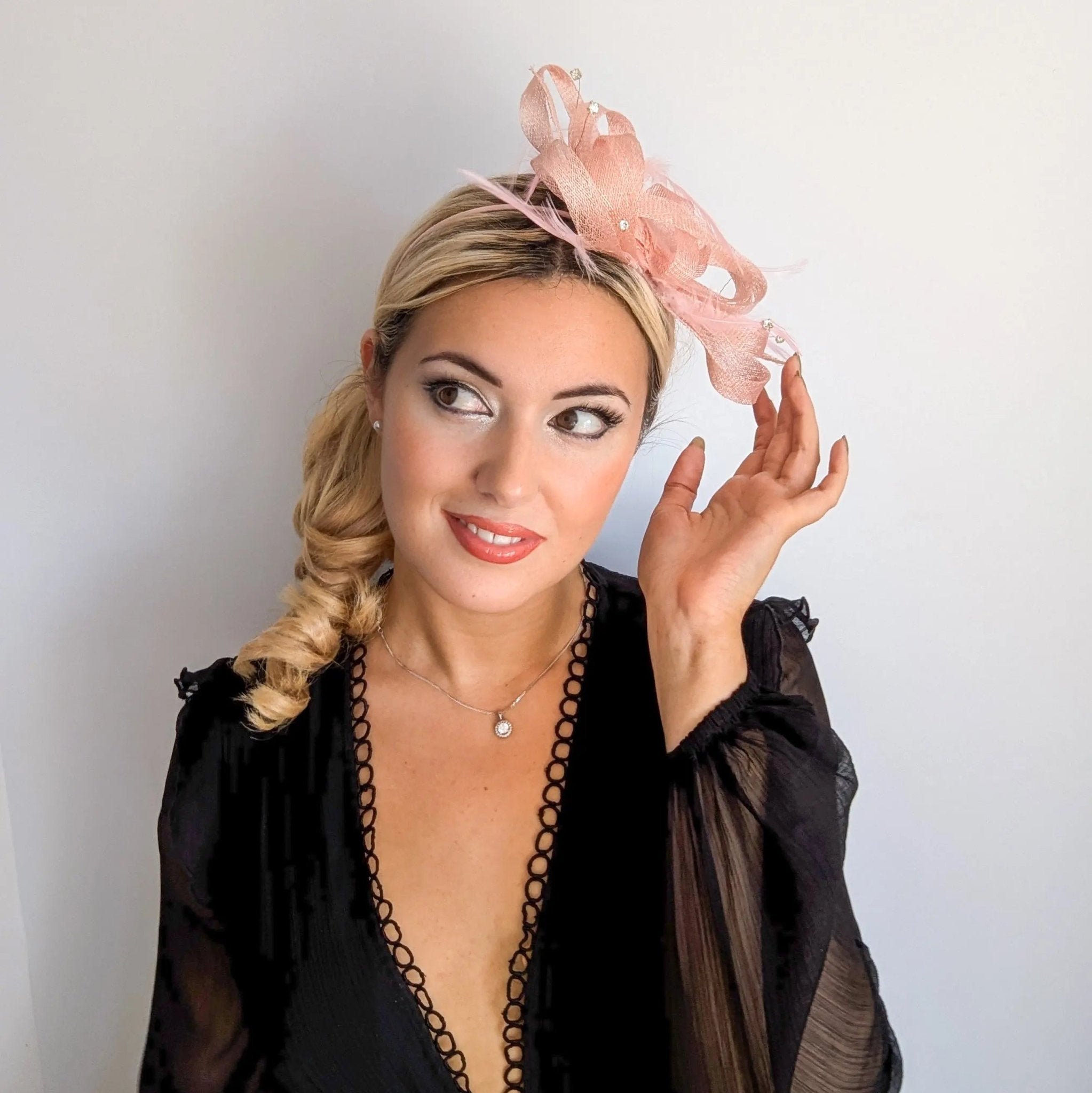 Light pink crystal feather fascinator hat - House of Hats
