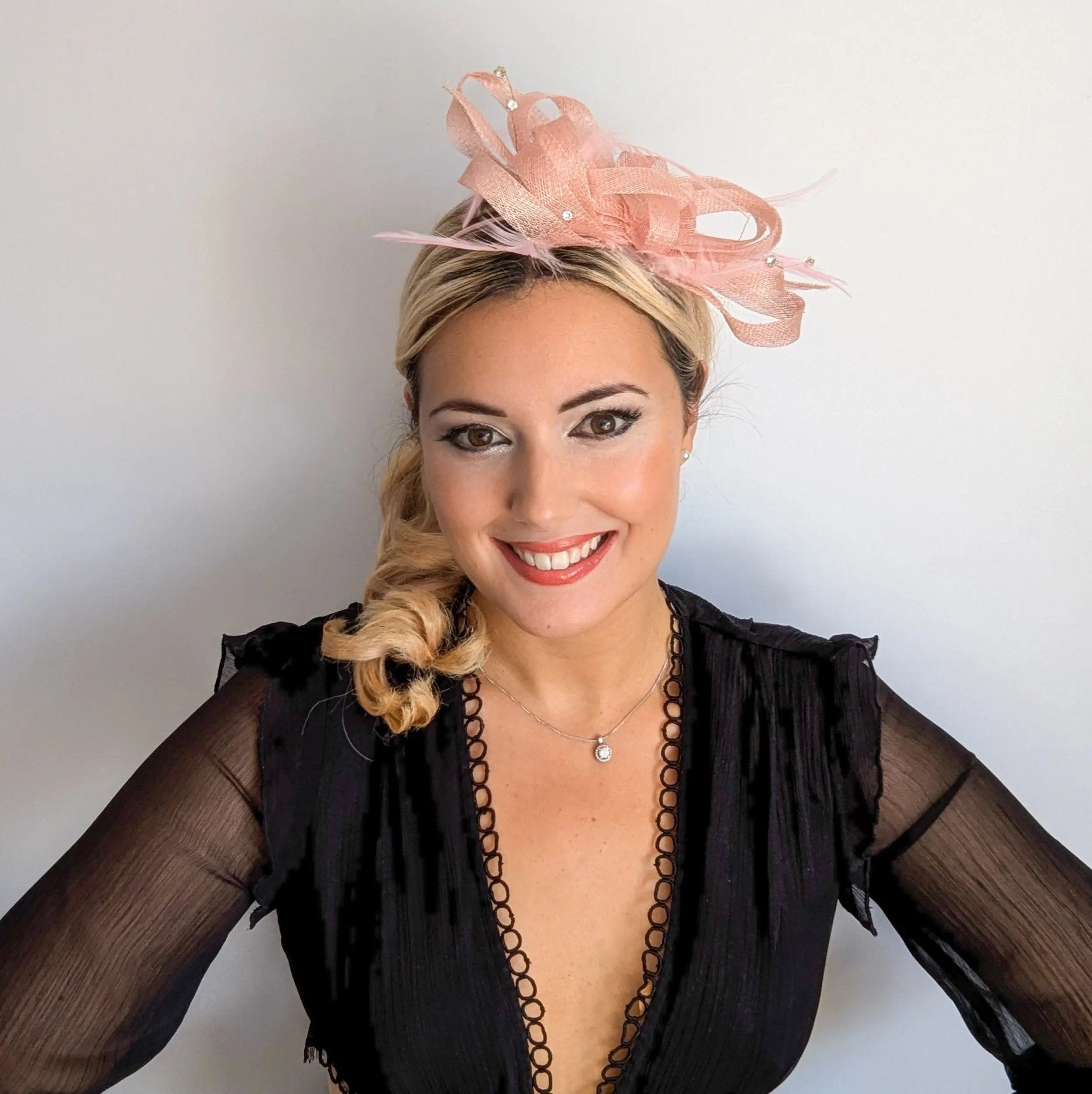 Light pink crystal feather fascinator hat - House of Hats