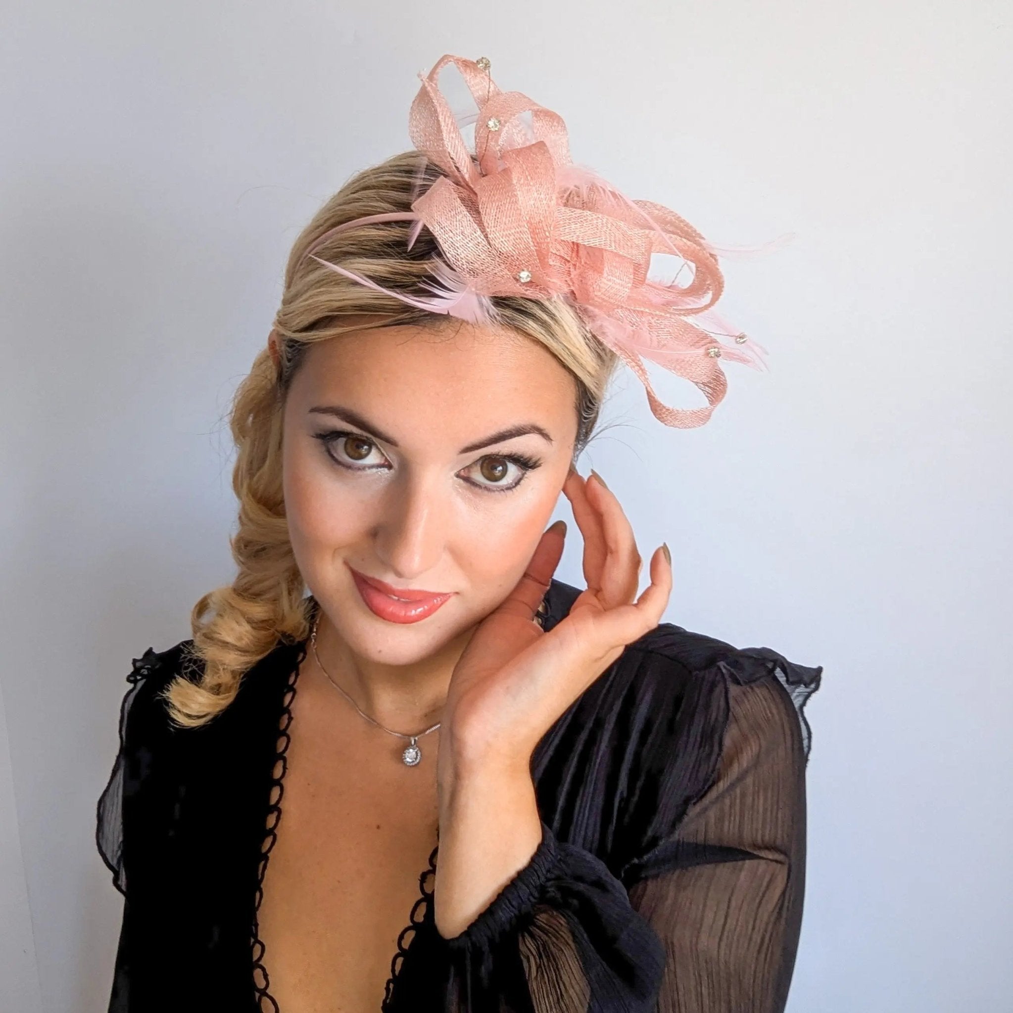 Light pink crystal feather fascinator hat - House of Hats