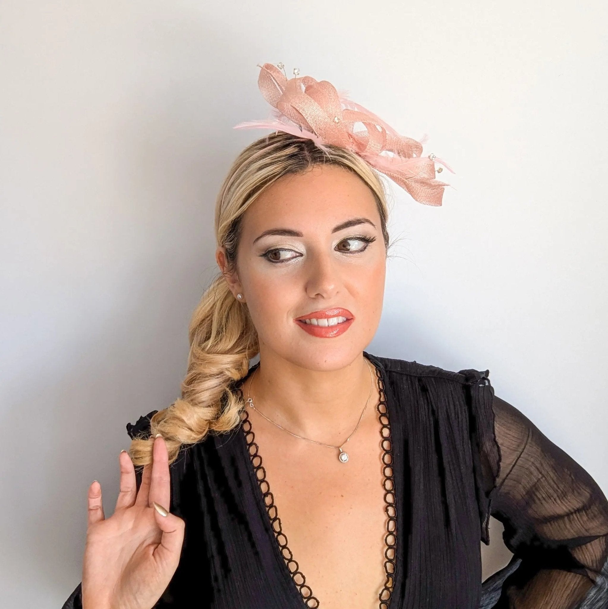 Light pink crystal feather fascinator hat - House of Hats