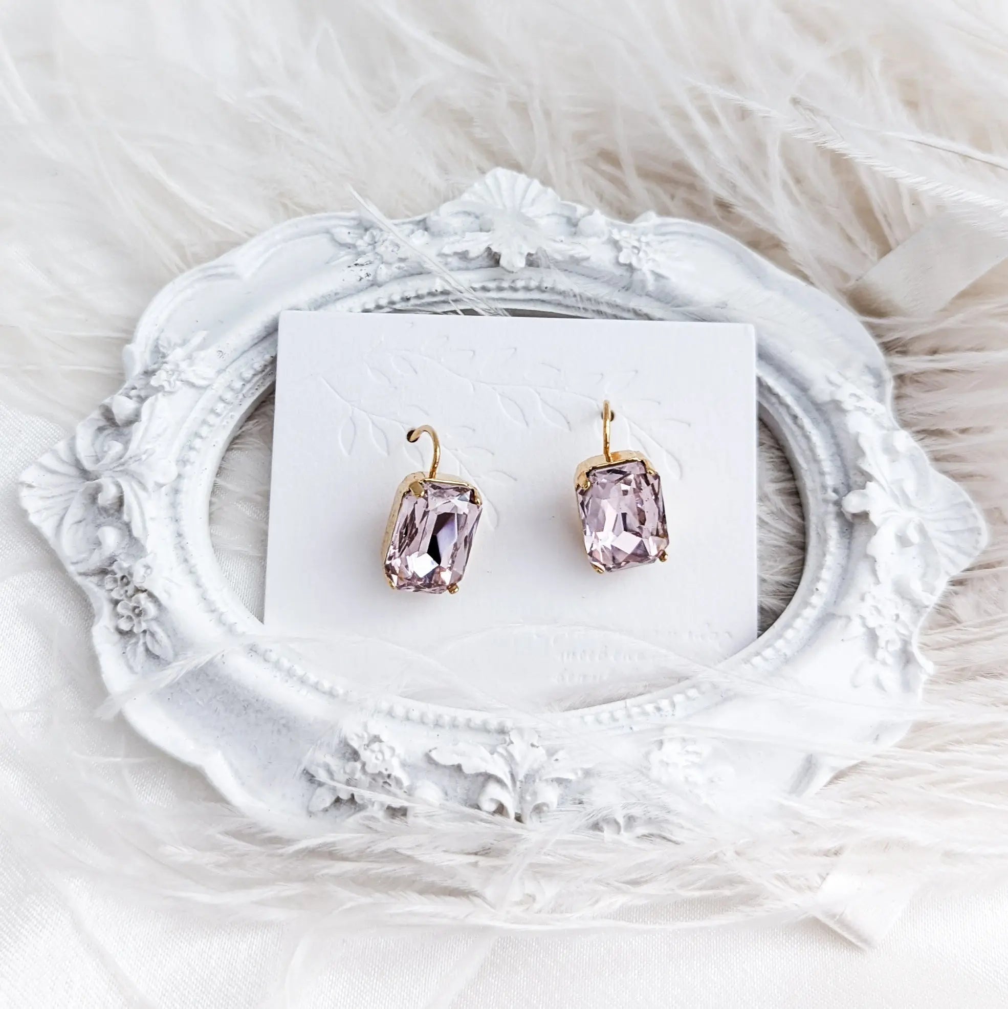 Light pink crystal gold emerald cut drop earrings - House of Hats