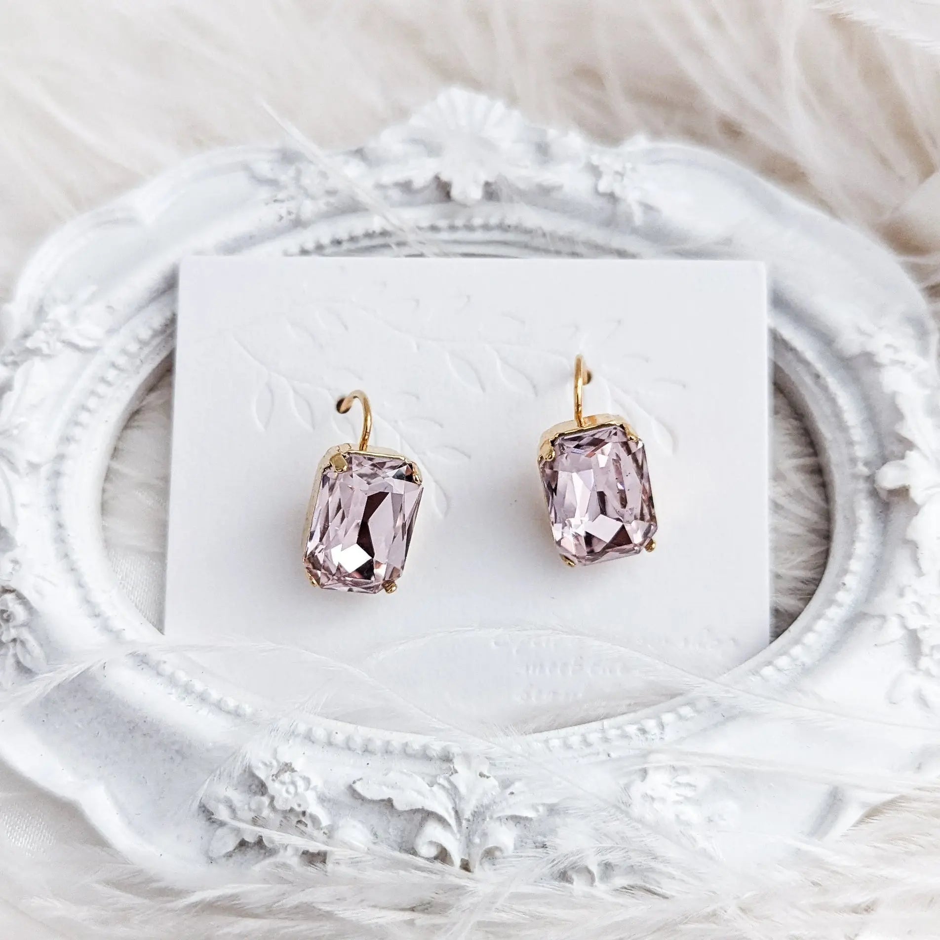 Light pink crystal gold emerald cut drop earrings - House of Hats