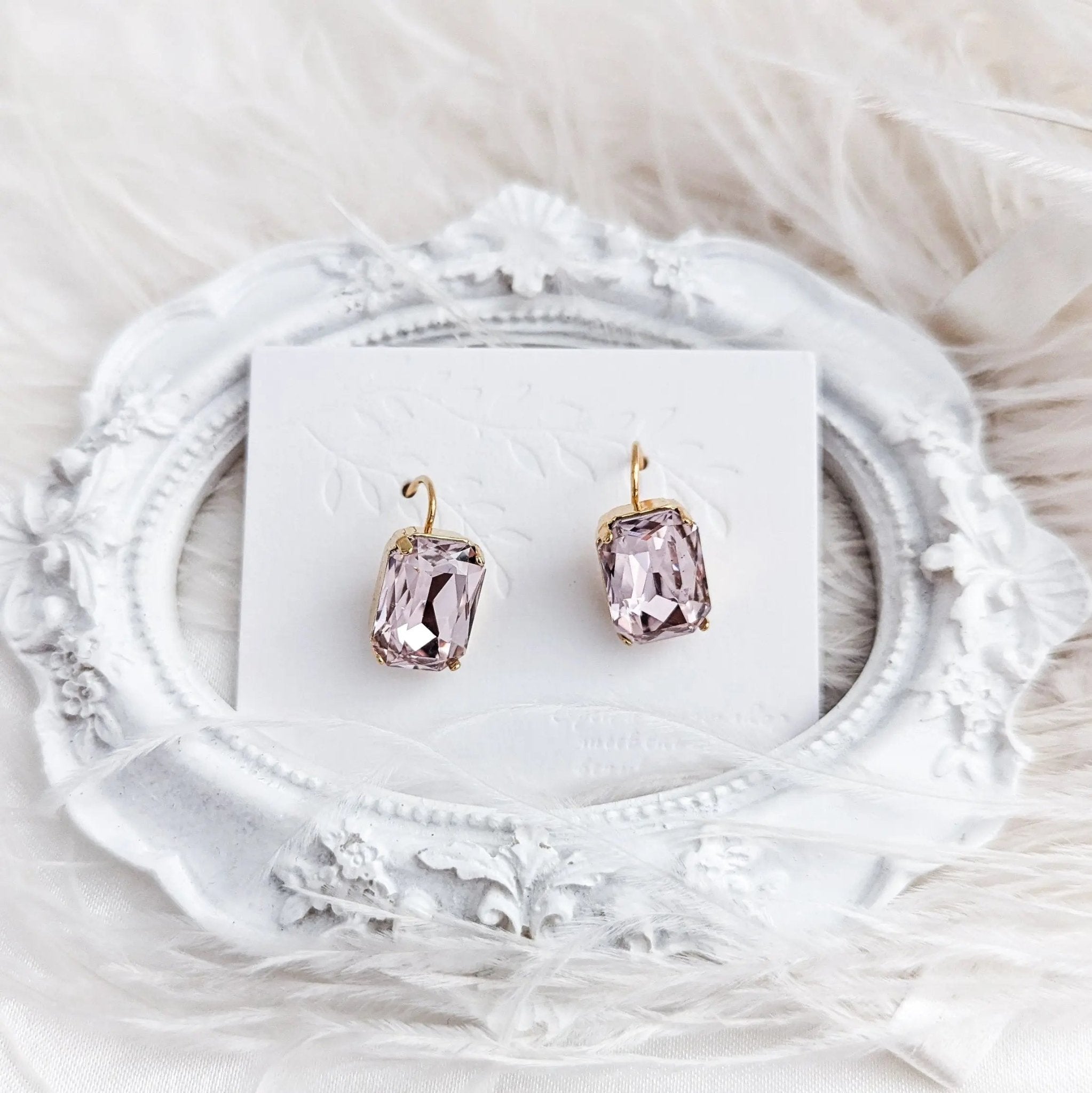Light pink crystal gold emerald cut drop earrings - House of Hats
