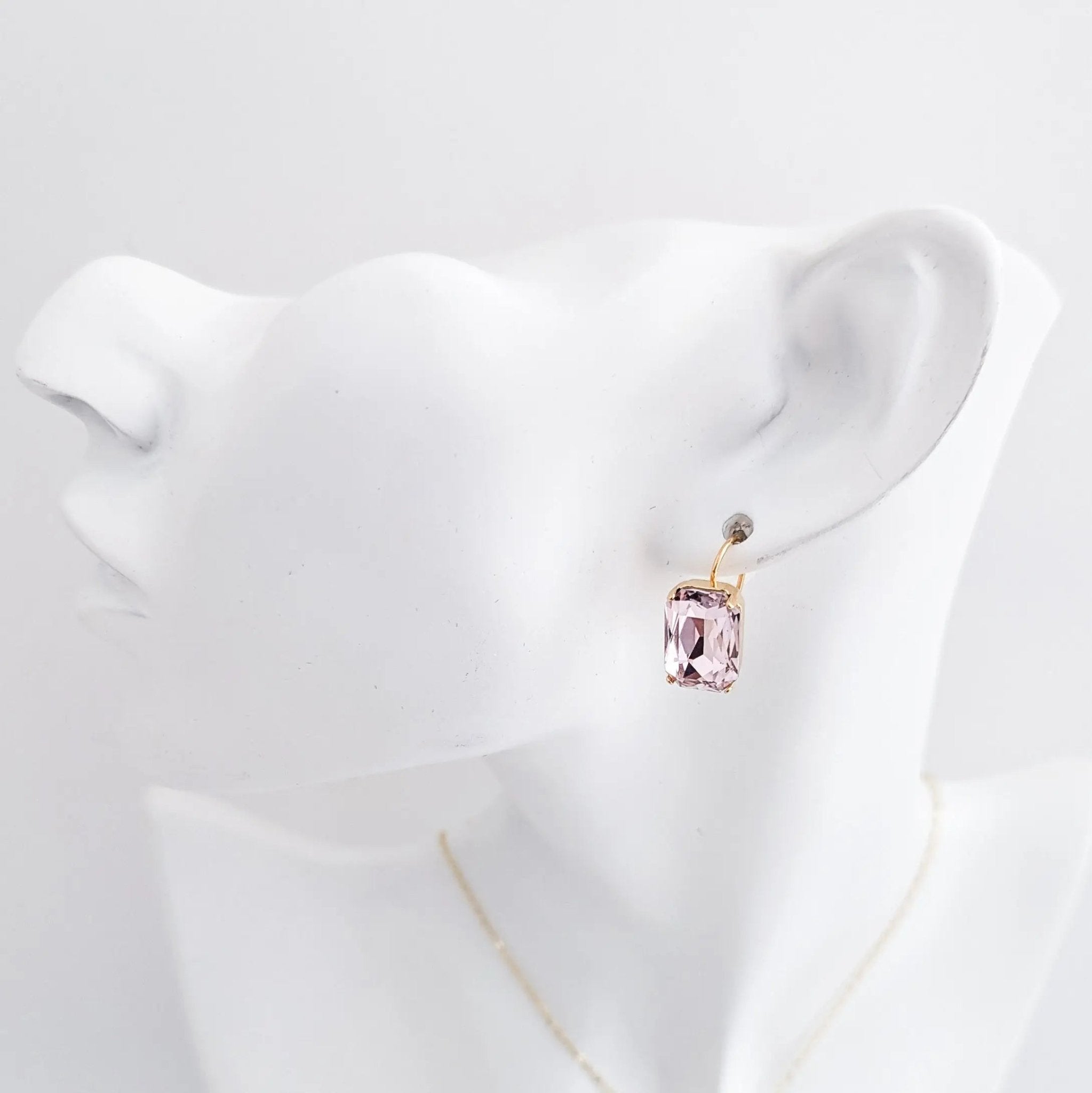 Light pink crystal gold emerald cut drop earrings - House of Hats