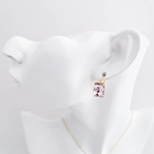 Light pink crystal gold emerald cut drop earrings - House of Hats