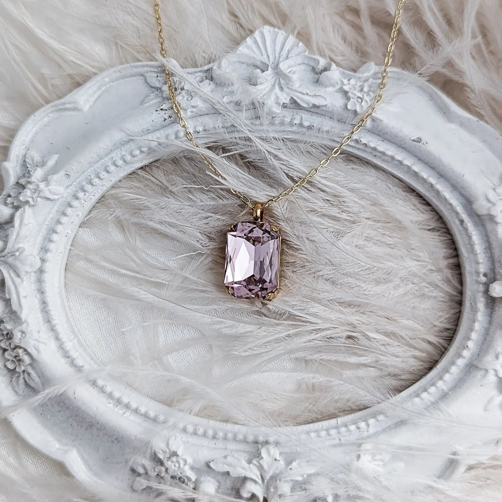 Light pink crystal gold emerald cut necklace - House of Hats