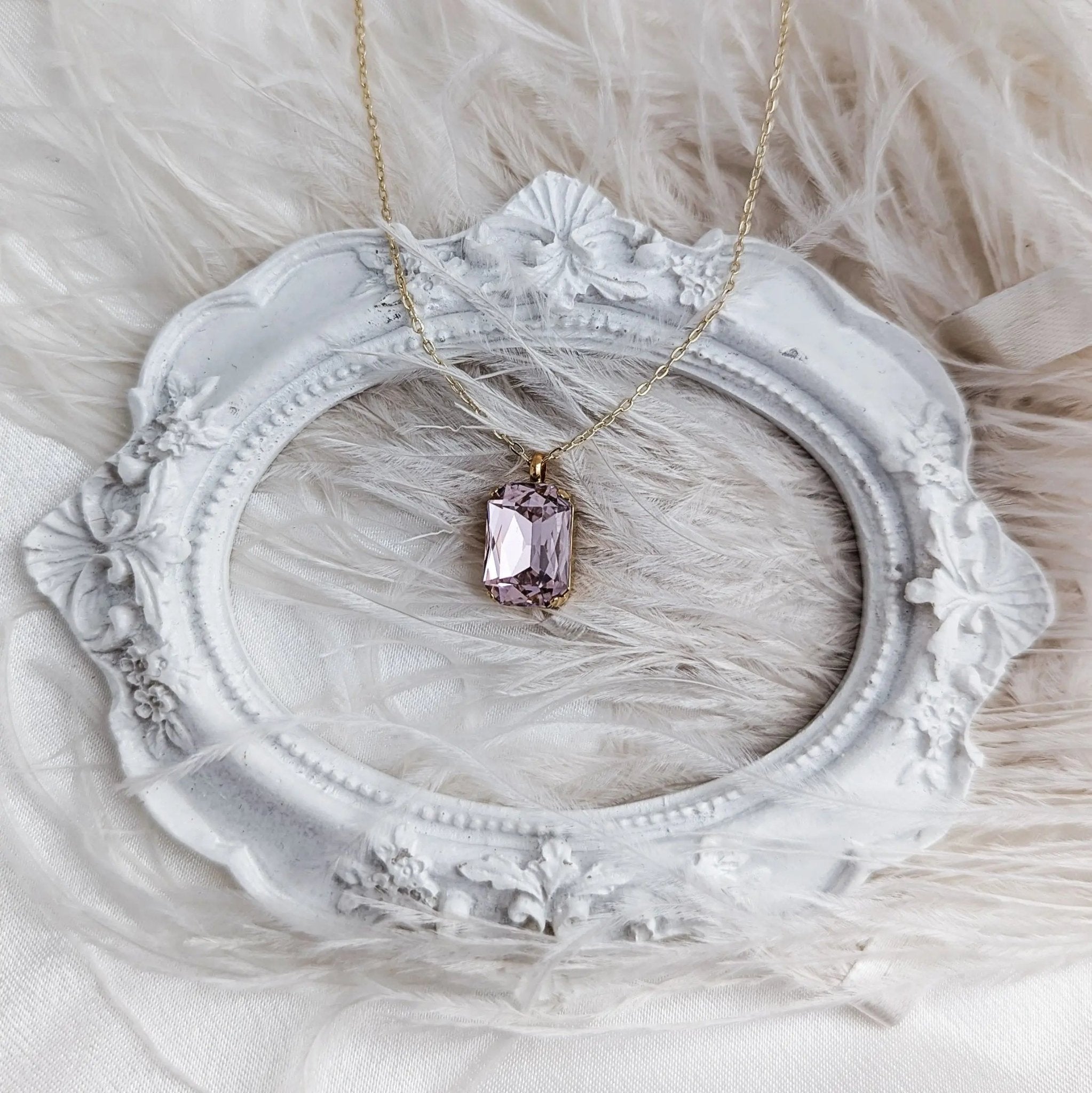 Light pink crystal gold emerald cut necklace - House of Hats