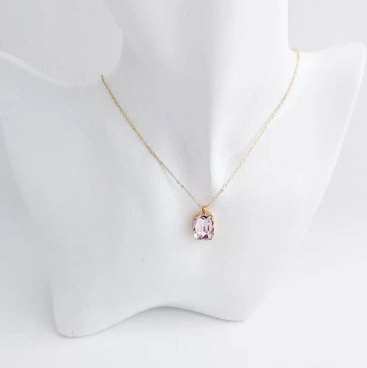 Light pink crystal gold emerald cut necklace - House of Hats
