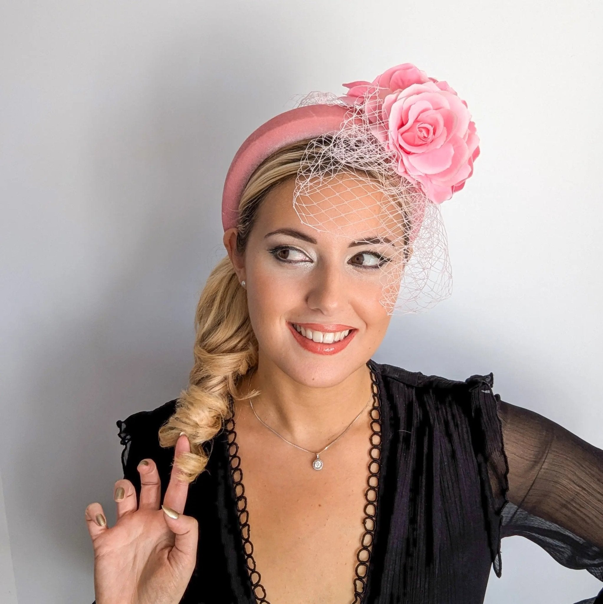 Light pink flower padded velvet headband fascinator - House of Hats