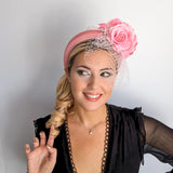 Light pink flower padded velvet headband fascinator - House of Hats