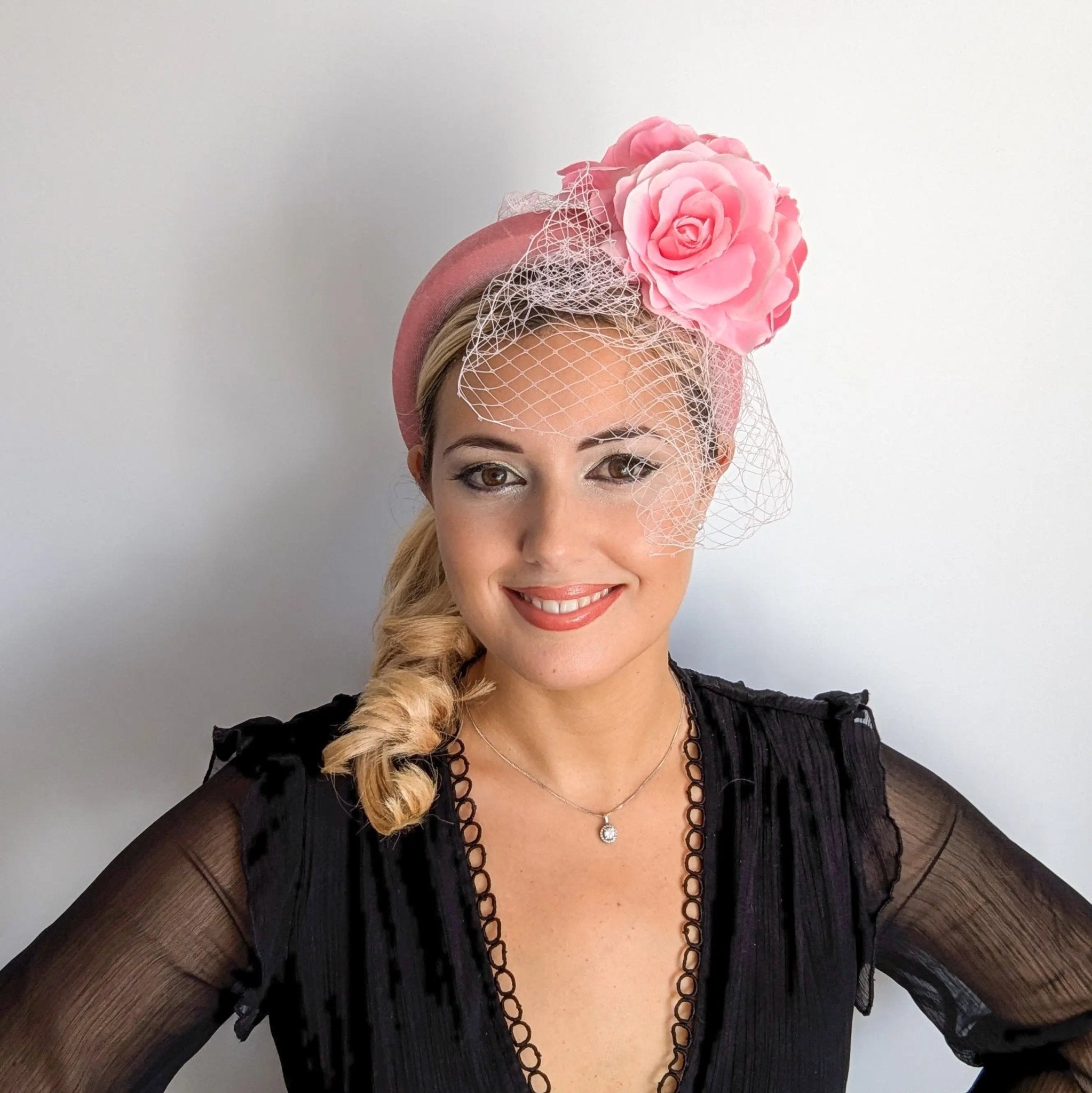 Light pink flower padded velvet headband fascinator - House of Hats