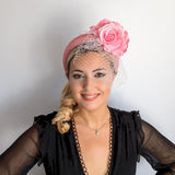 Light pink flower padded velvet headband fascinator - House of Hats