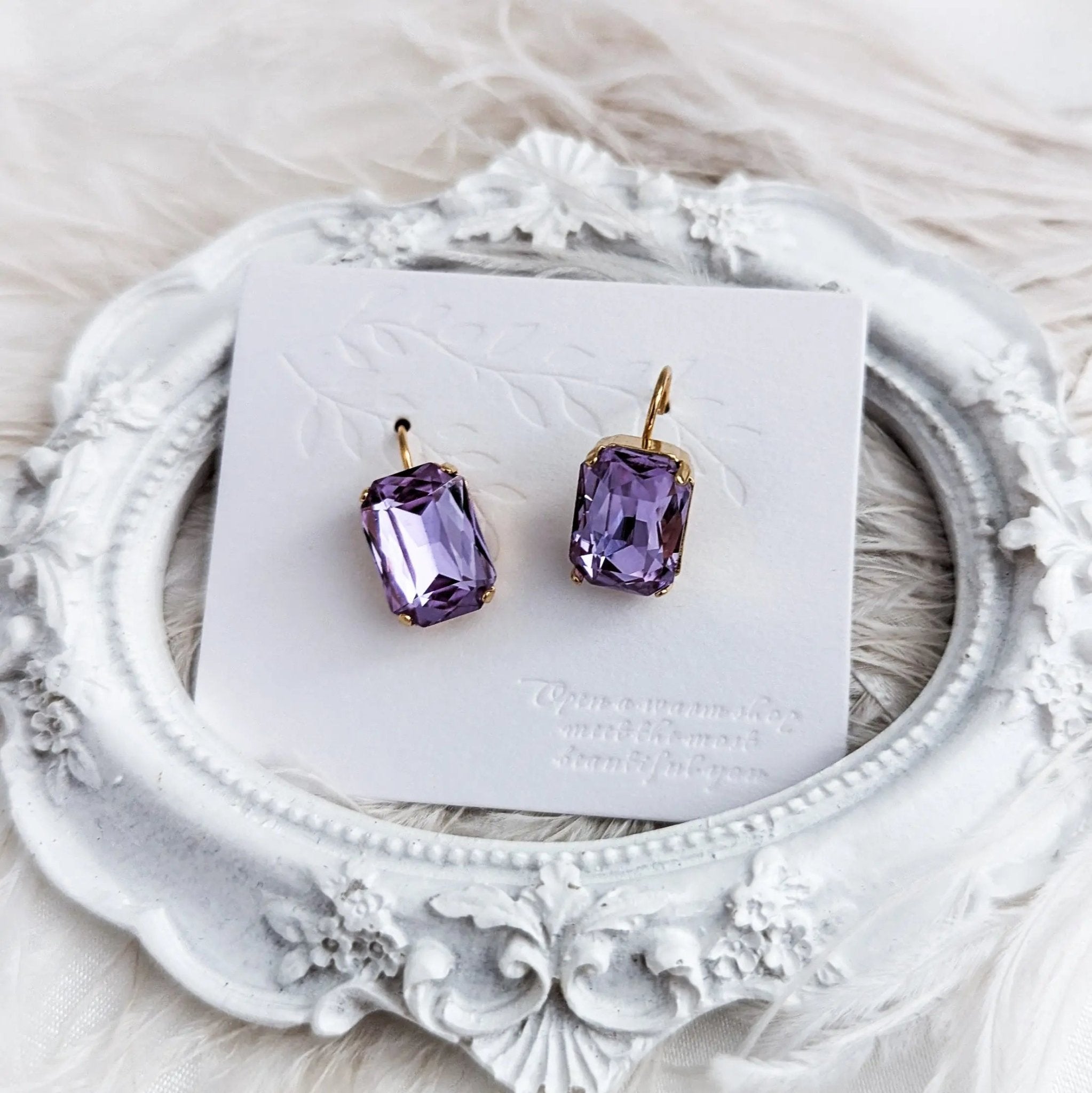 Lilac purple crystal gold emerald cut drop earrings - House of Hats