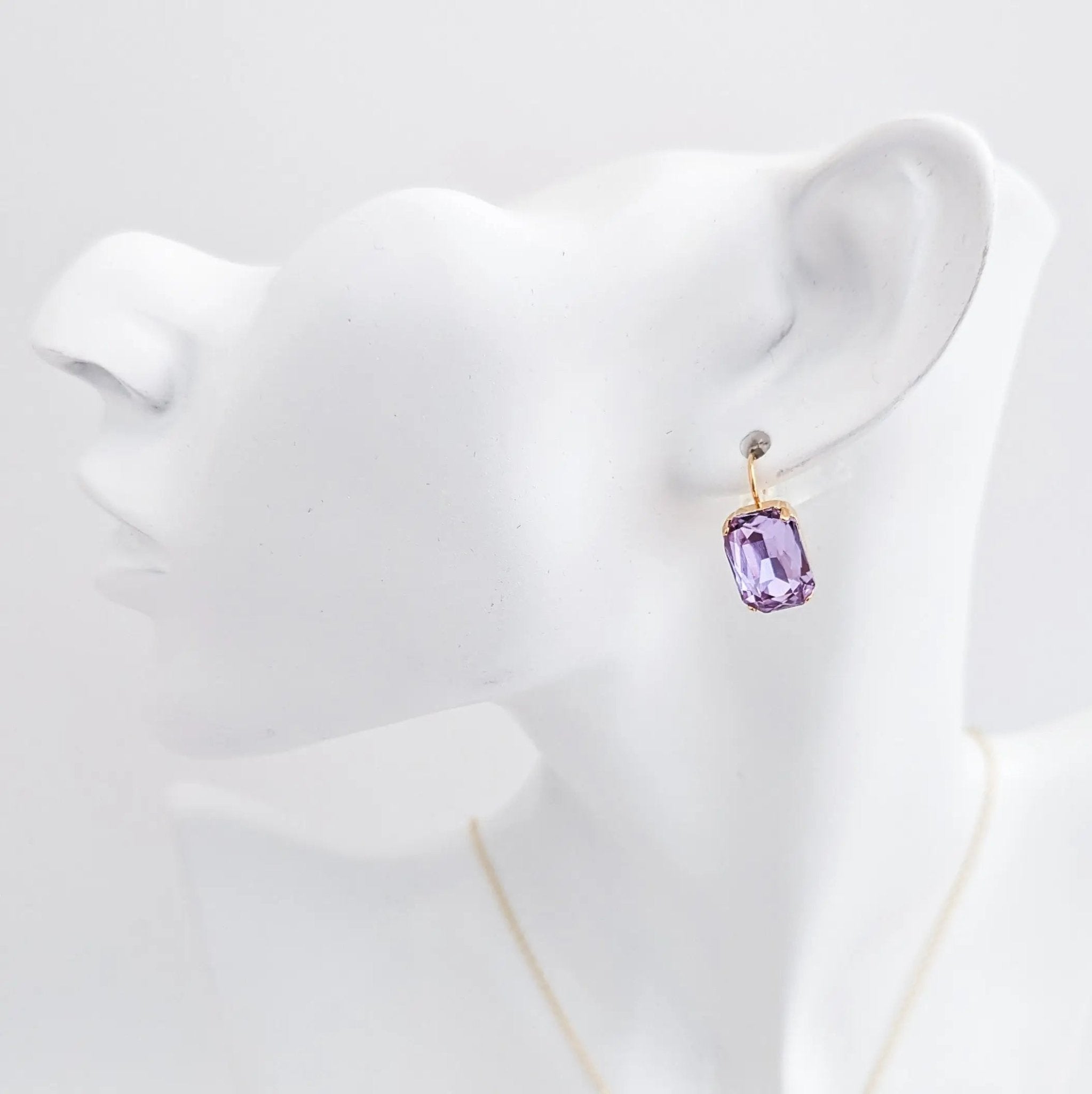 Lilac purple crystal gold emerald cut drop earrings - House of Hats