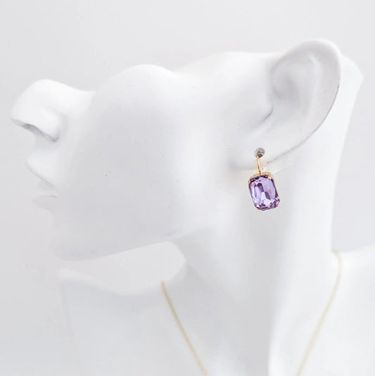 Lilac purple crystal gold emerald cut drop earrings - House of Hats