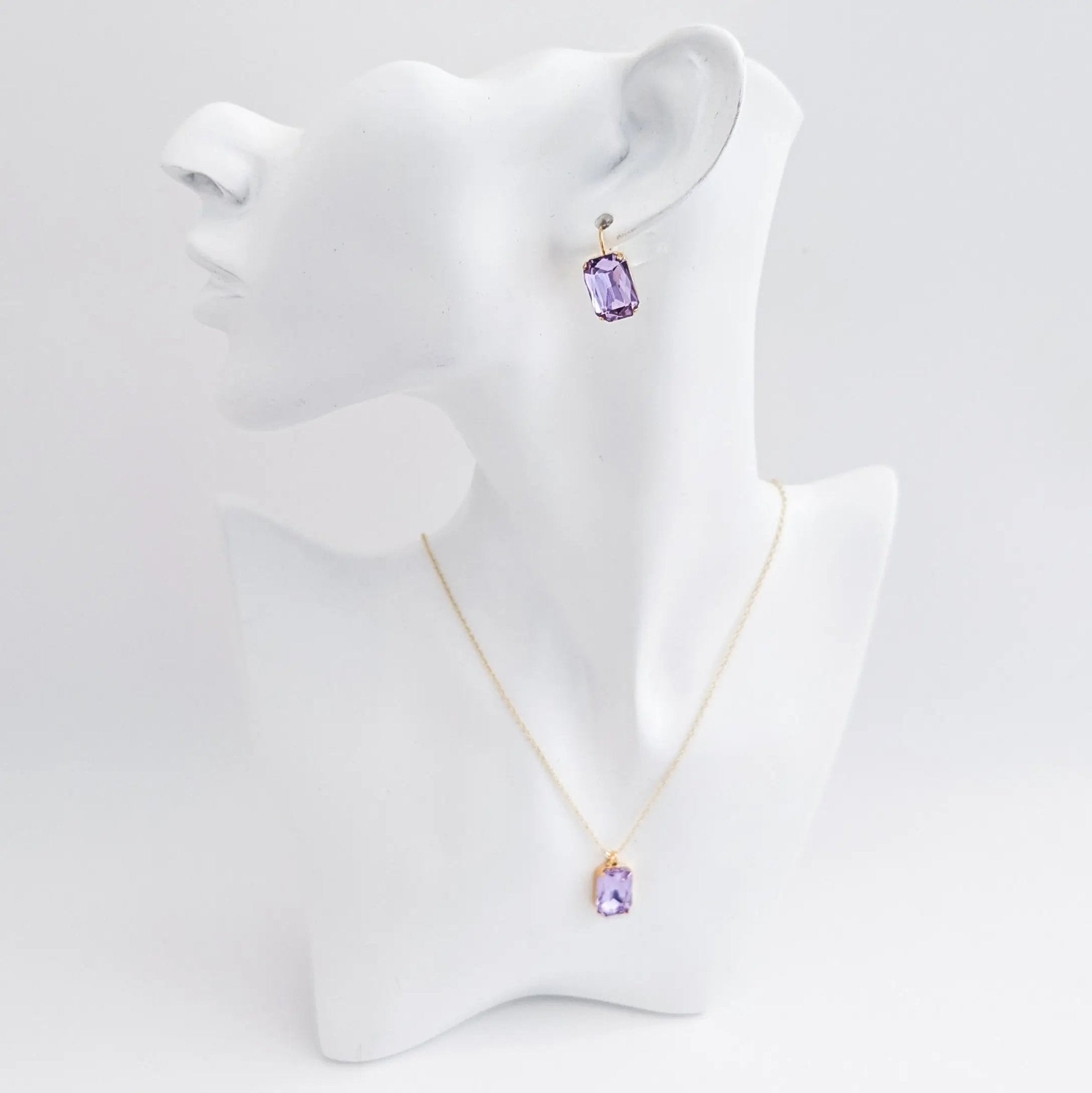 Lilac purple crystal gold emerald cut necklace - House of Hats