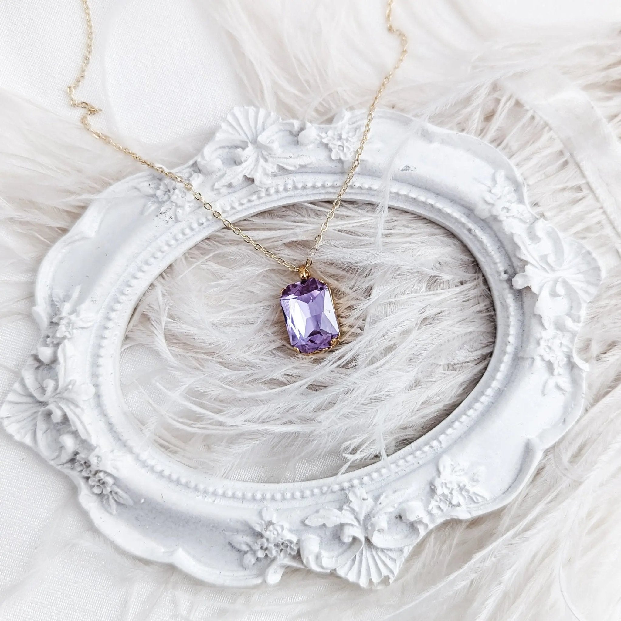 Lilac purple crystal gold emerald cut necklace - House of Hats