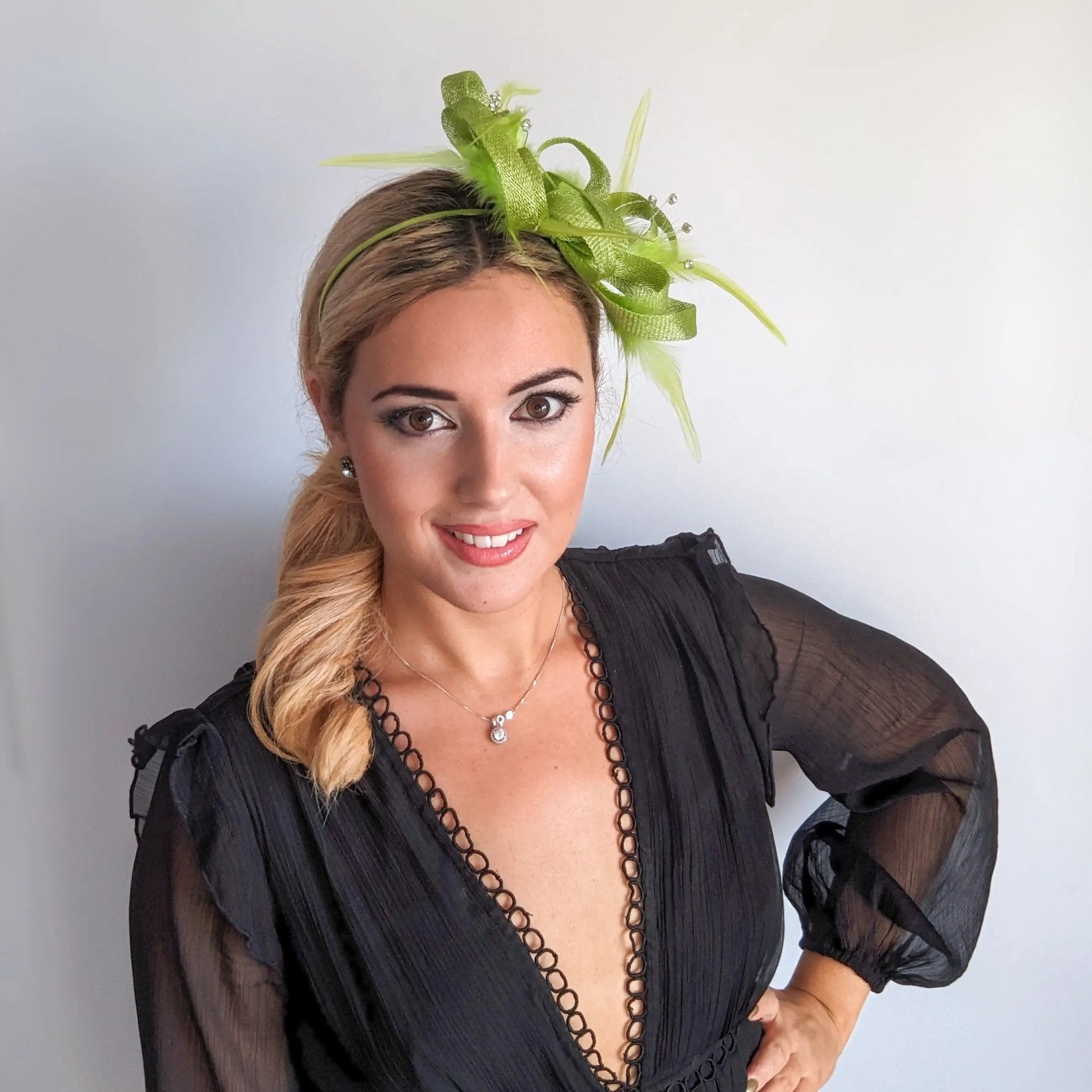 Lime green crystal feather fascinator hat - House of Hats