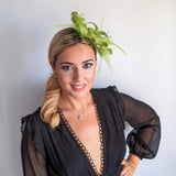 Lime green crystal feather fascinator hat - House of Hats