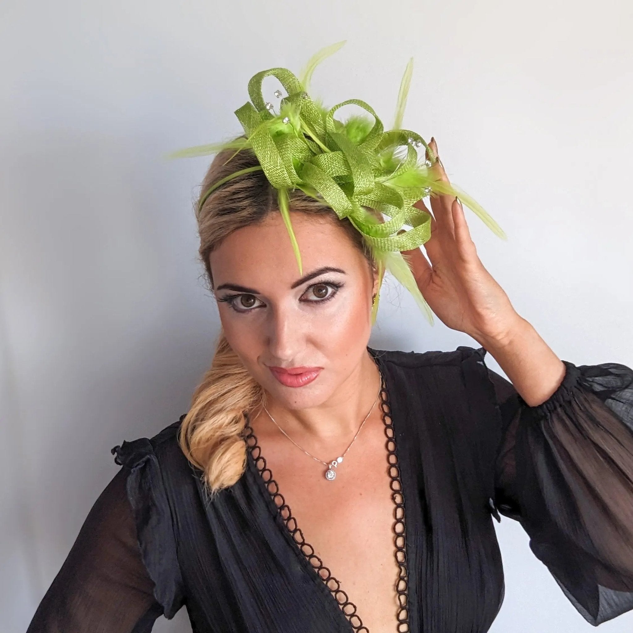 Lime green crystal feather fascinator hat - House of Hats