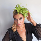 Lime green crystal feather fascinator hat - House of Hats
