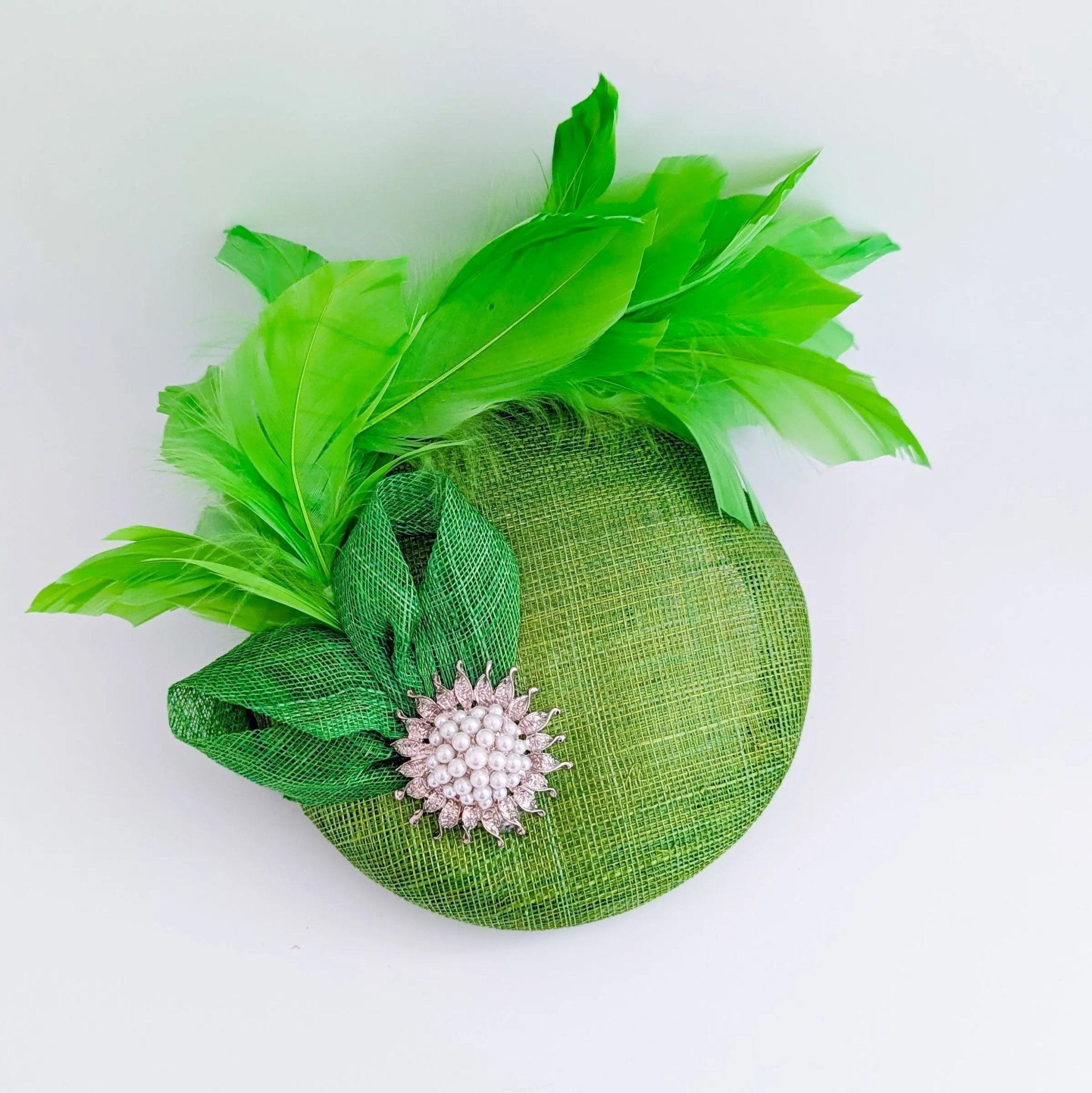 Lime green feather pearl fascinator hat - House of Hats