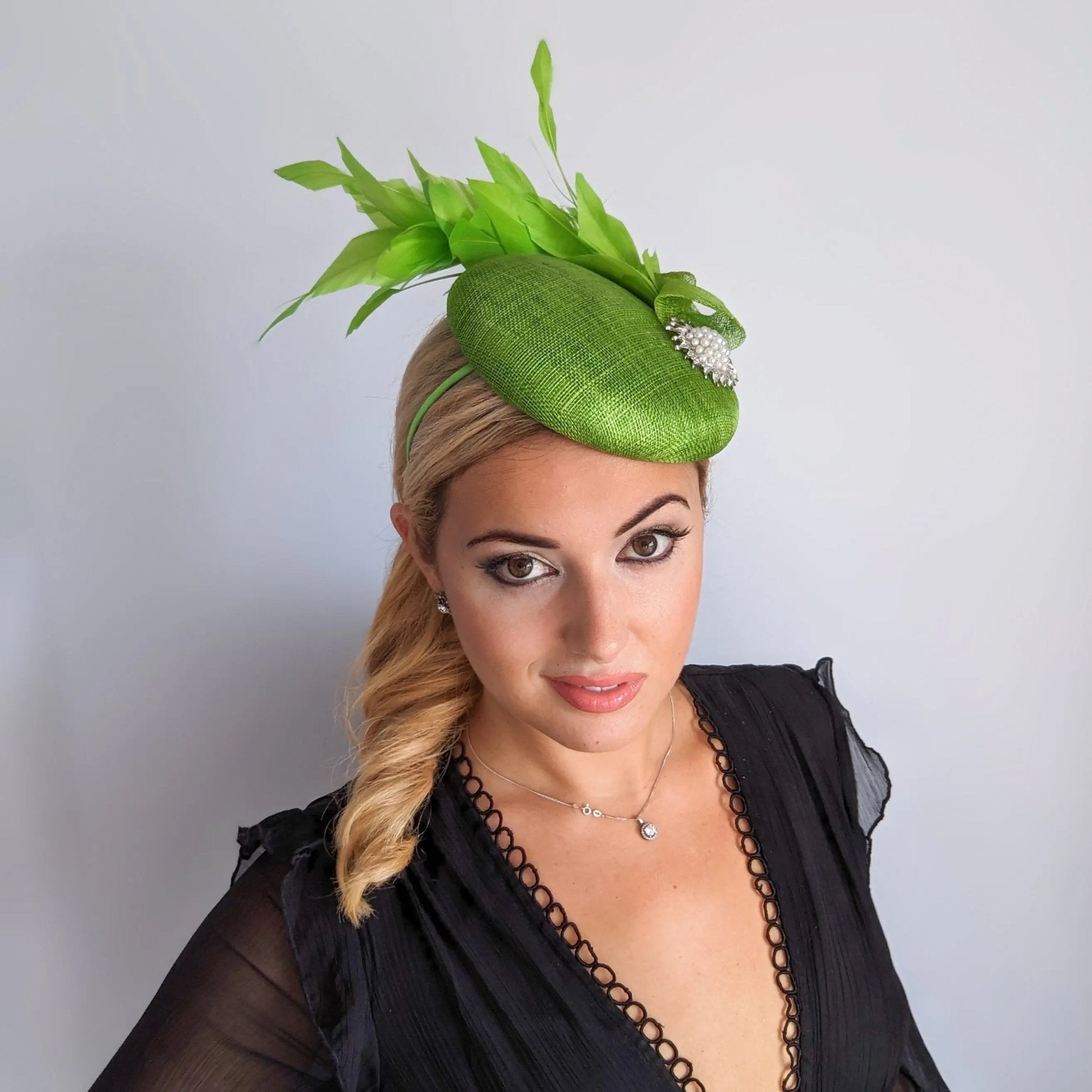 Lime green feather pearl fascinator hat - House of Hats