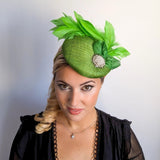 Lime green feather pearl fascinator hat - House of Hats