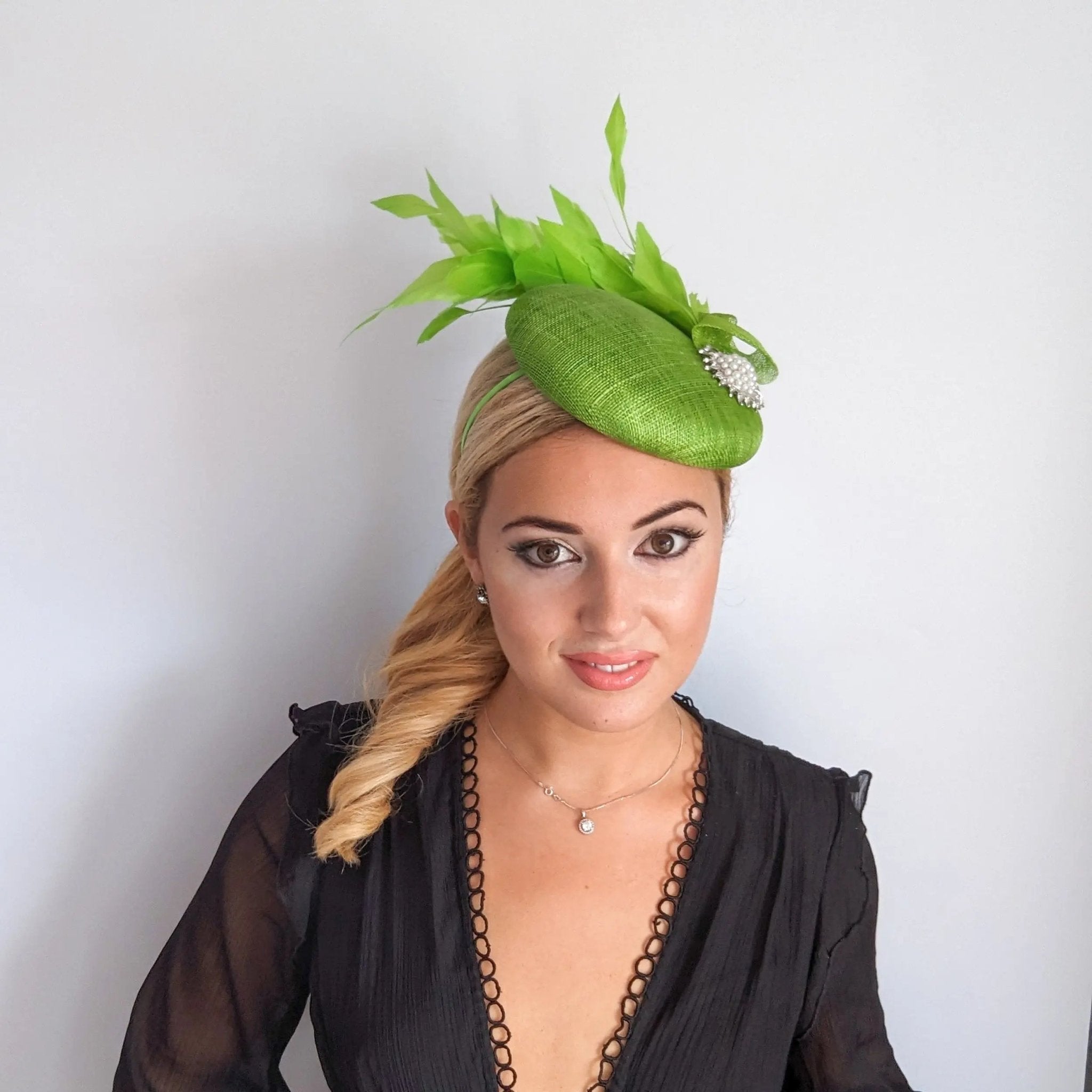 Lime green feather pearl fascinator hat - House of Hats
