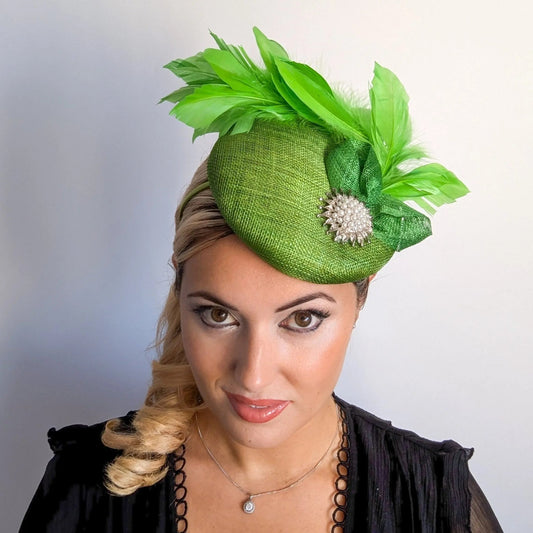 Lime green feather pearl fascinator hat - House of Hats