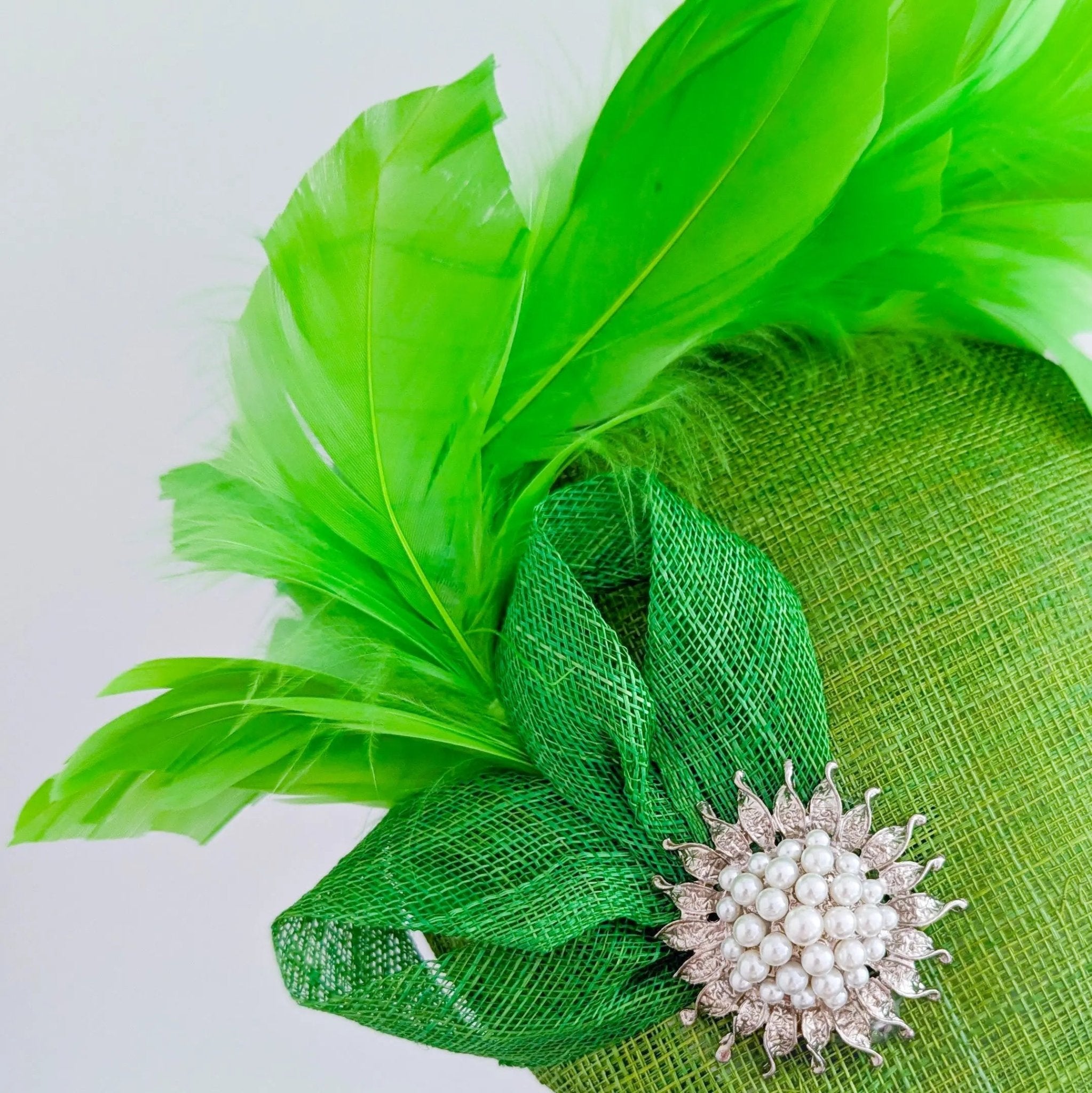 Lime green feather pearl fascinator hat - House of Hats