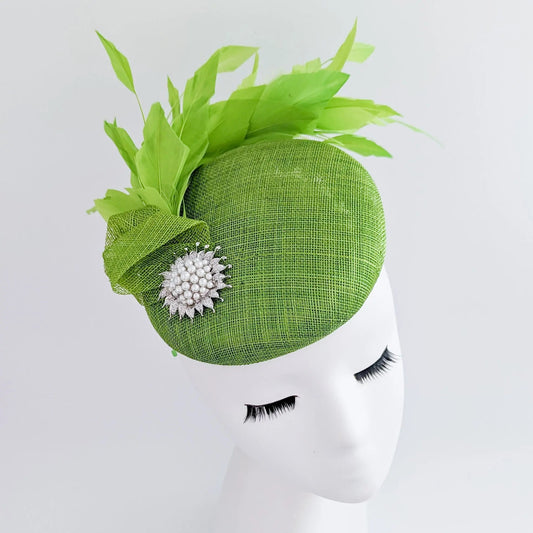 Lime green feather pearl fascinator hat - House of Hats