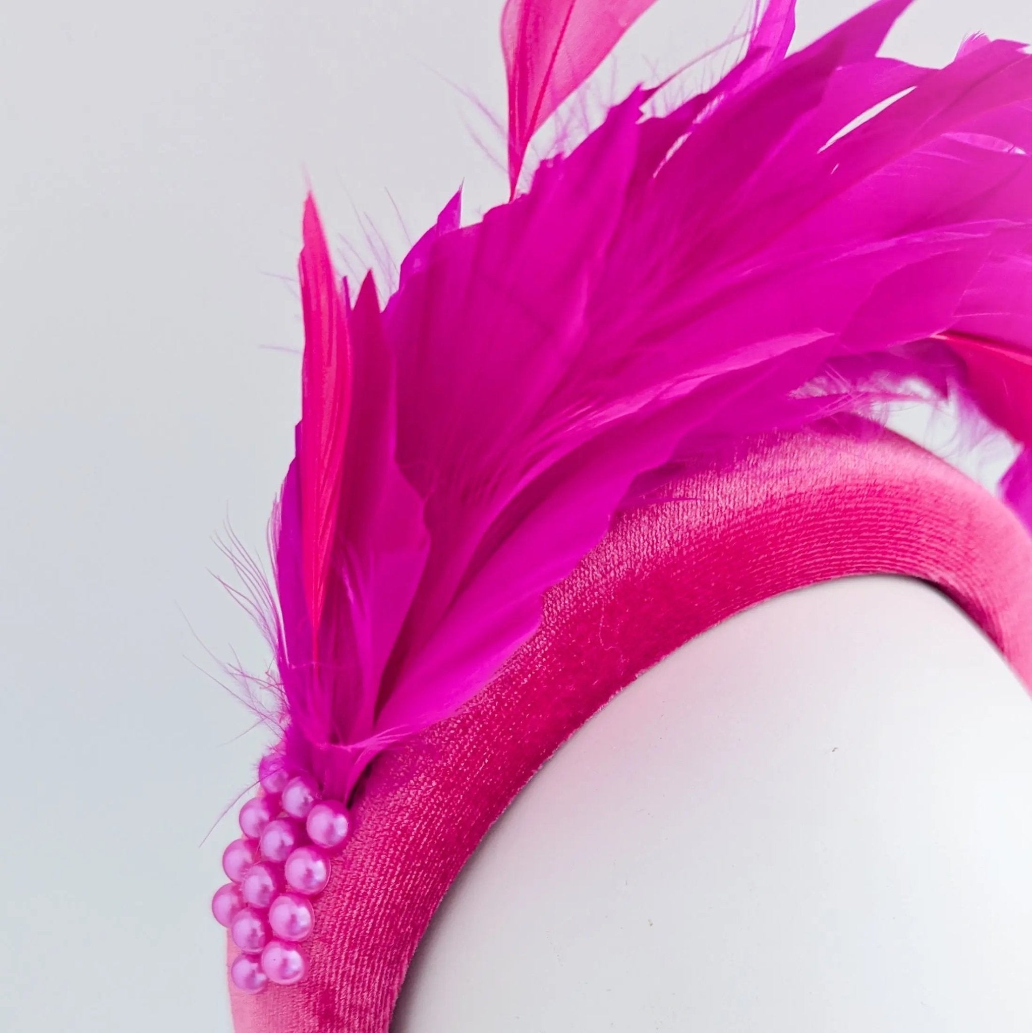Magenta hot pink feather padded velvet headband fascinator - House of Hats