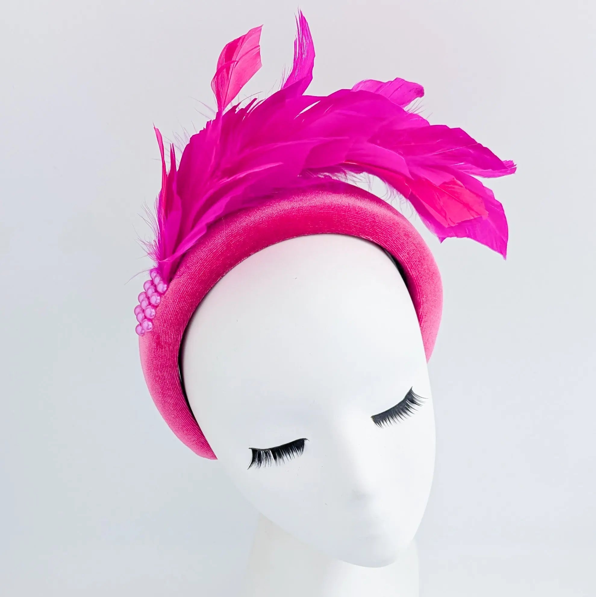 Magenta hot pink feather padded velvet headband fascinator - House of Hats