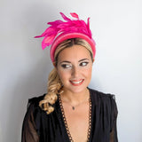 Magenta hot pink feather padded velvet headband fascinator - House of Hats