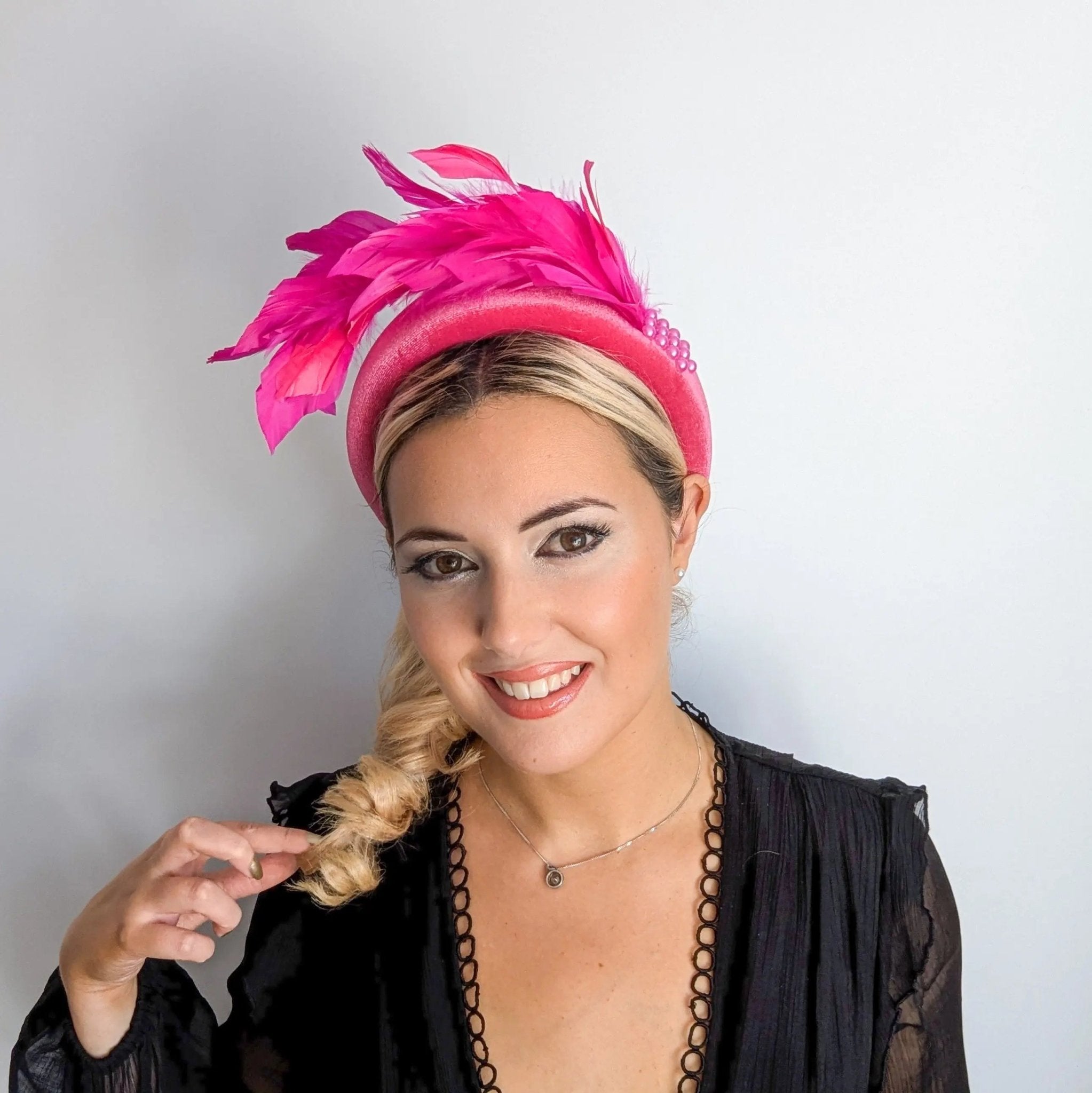 Magenta hot pink feather padded velvet headband fascinator - House of Hats