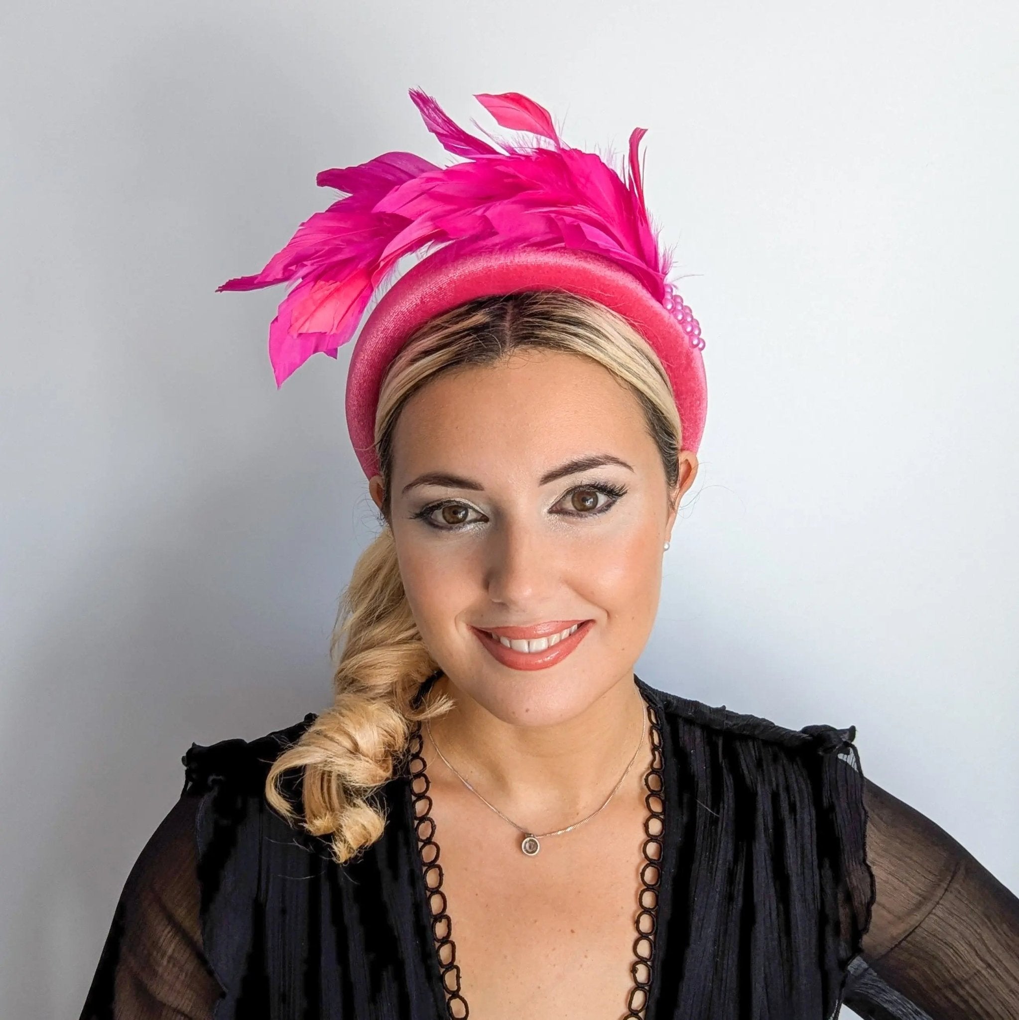 Magenta hot pink feather padded velvet headband fascinator - House of Hats