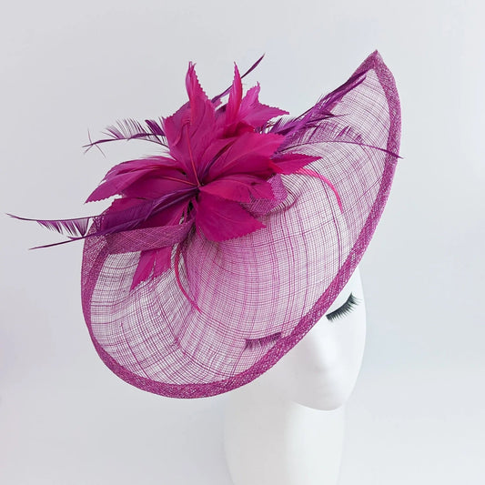 Magenta pink feather large teardrop fascinator hat - House of Hats