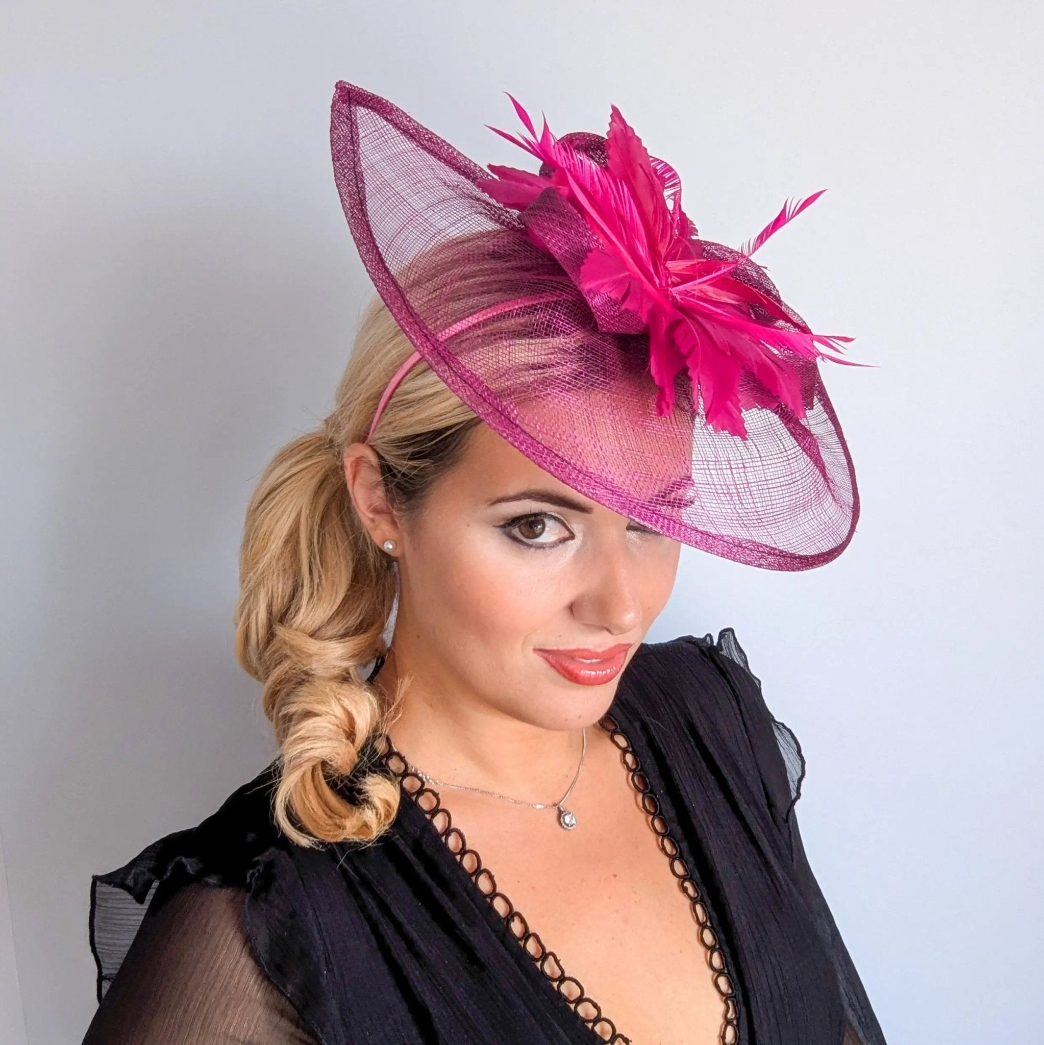 Magenta pink feather large teardrop fascinator hat - House of Hats