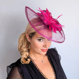 Magenta pink feather large teardrop fascinator hat - House of Hats