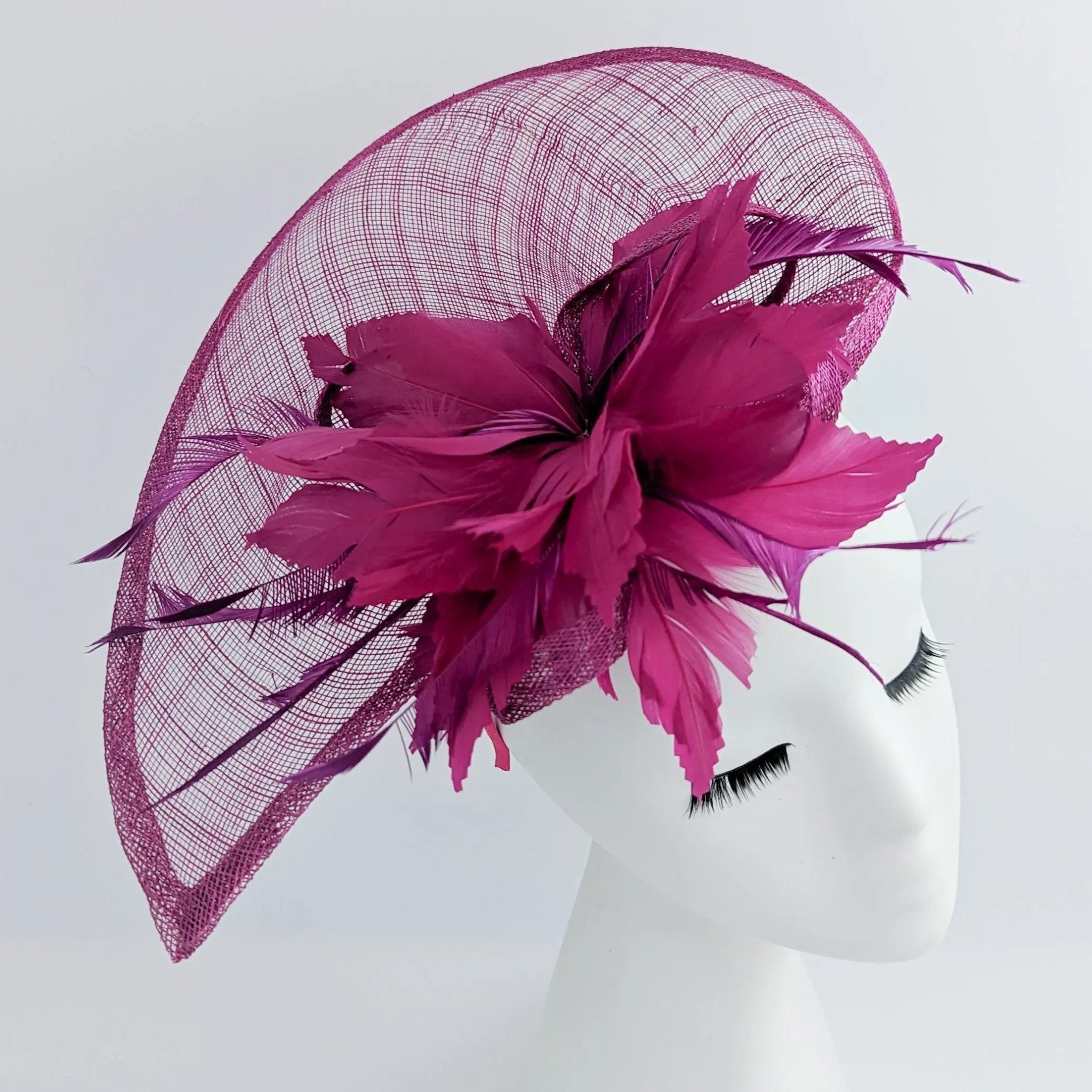 Magenta pink feather large teardrop fascinator hat - House of Hats